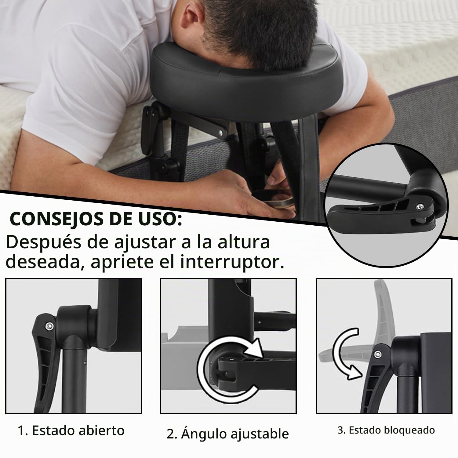 Reposacabezas de masaje para cama, reposacabezas ajustable de 180°, con soporte para cojín facial, colchón de masaje con tabla para reposabrazos y bolsa de almacenamiento, para colchones de un