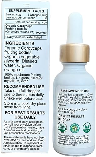 Miniatura 3 de Tintura corporal fructífera de hongos Cordyceps orgánicos de triple extracción  Cultivado en Estados Unidos y certificado orgánico  Uso para