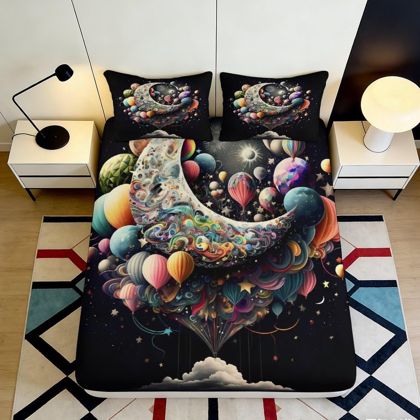 3D Printed Moon Balloon Fitted Sheet Microfiber Soft Breathable Cosmic Dream Bed Cover for Bedroom Dorm Decor 90x200x25cm