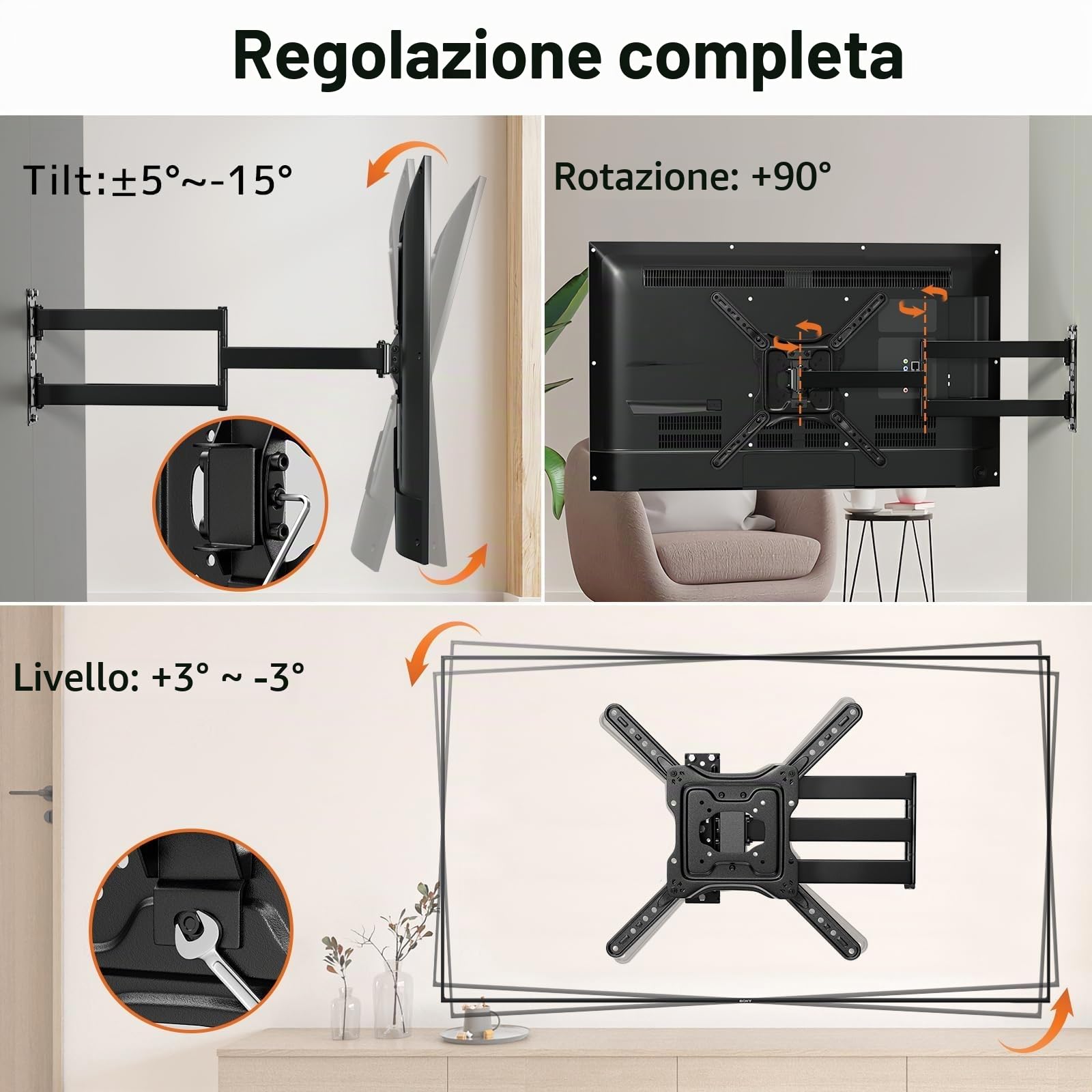 Supporto TV Parete con Braccio Extra Lungo 728mm per TV da 23-65 pollici, staffa TV angolare con supporto girevole e inclinabile a 180°, Max. VESA 400 x 400 mm, può reggere fino a 35KG