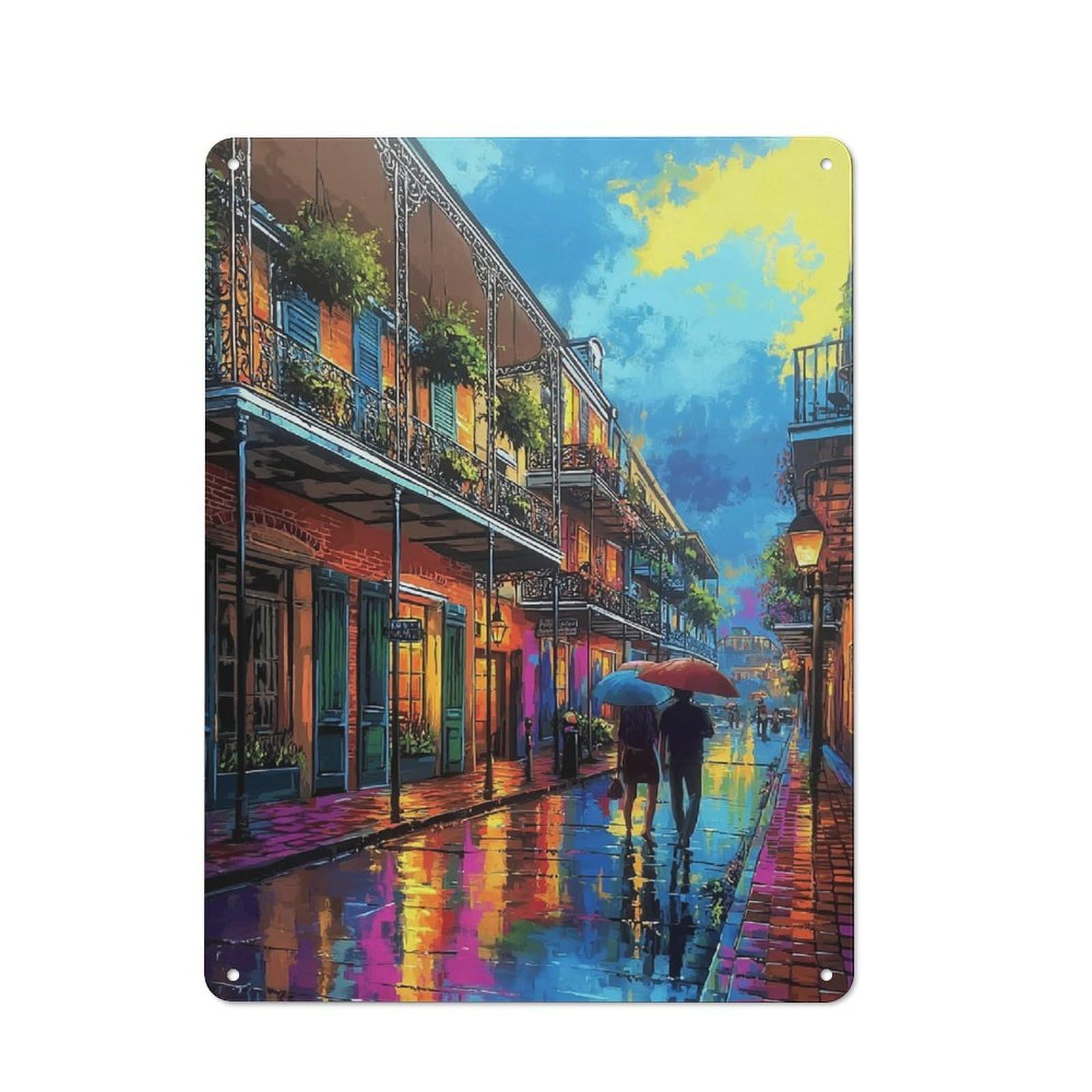 Junmoney Rainy Street In New Orleans Vintage Tin Wall Plaque 40X30cm For Studio Or Craft Room, For Garage, Workshop And Man Cave Decoration