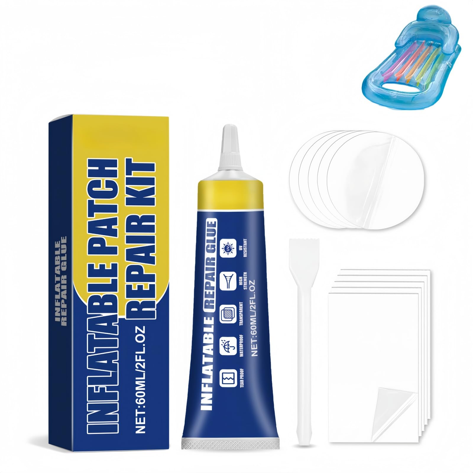 Puncture Repair Kit for Inflatables,Air Bed,Bouncy Castle,Swimming Pool,Tent,Waterproof Sealant with Silicone Glue & Repair Patches,Resistant Long-lasting,Includes Patches,Scraper