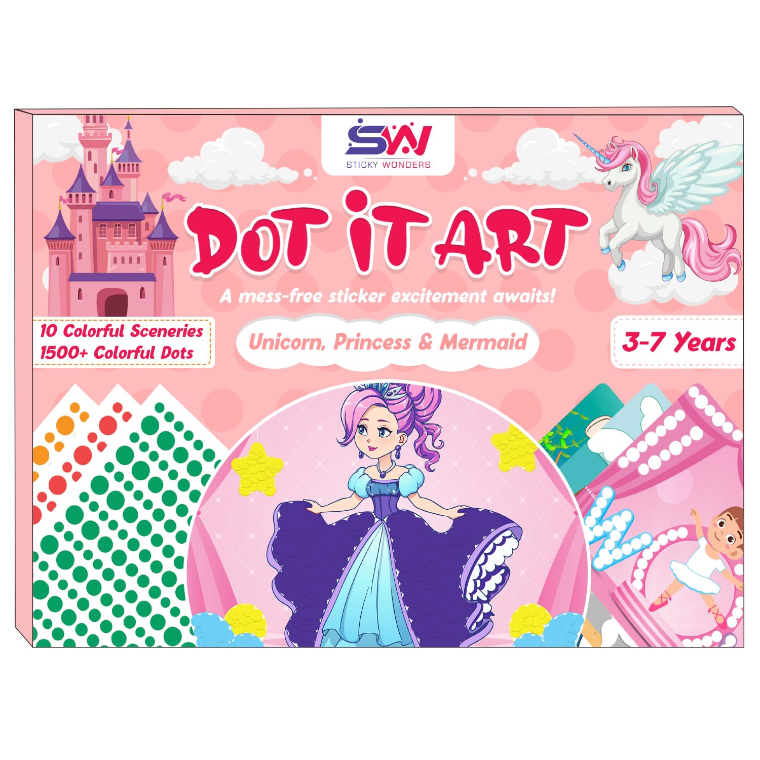 Sticky WondersPrincess, Unicorns and Mermaids Ultimate Sticker Dot Art Activity Kit for Kids - 10 Colorful Scenes for Creative Fun, Ideal for Girls & Boys Ages 3 4 5 6 7, Mess-Free Craft Activity