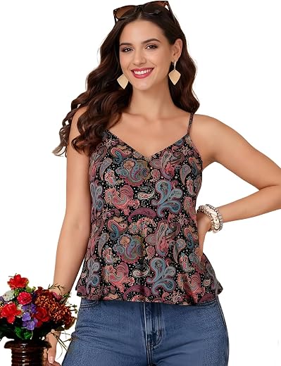 Pinkmint Women Pure Cambric Cotton Printed Peplum Top | Sleeveless Spaghetti Strap Summer Casual Top for Women &amp; Girls