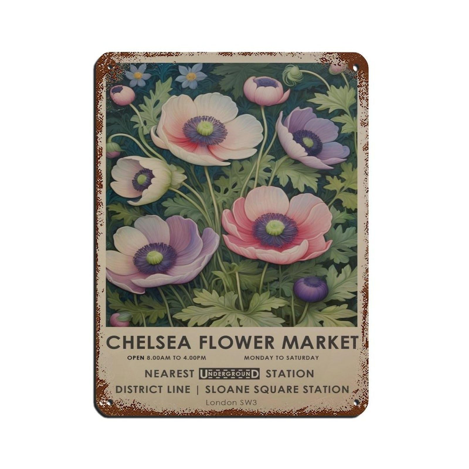 Chelsea Flower Market, Peonie Botanical, Pink Botanical Art Tin Sign Vintage Metal Pub Club Cafe Bar Home Wall Art Decoration Poster Retro 12x16inch(30x40cm)