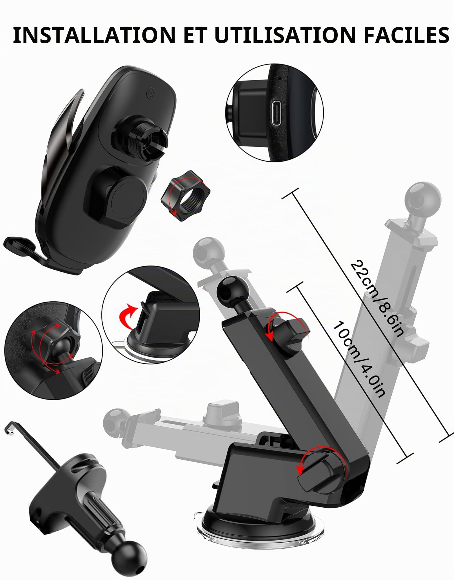 Support de téléphone portable pour voiture 15 W avec fonction de charge, chargeur inductif, support de téléphone portable, ventilation automatique, fixation inductive, pour iPhone, Samsung, LG, etc