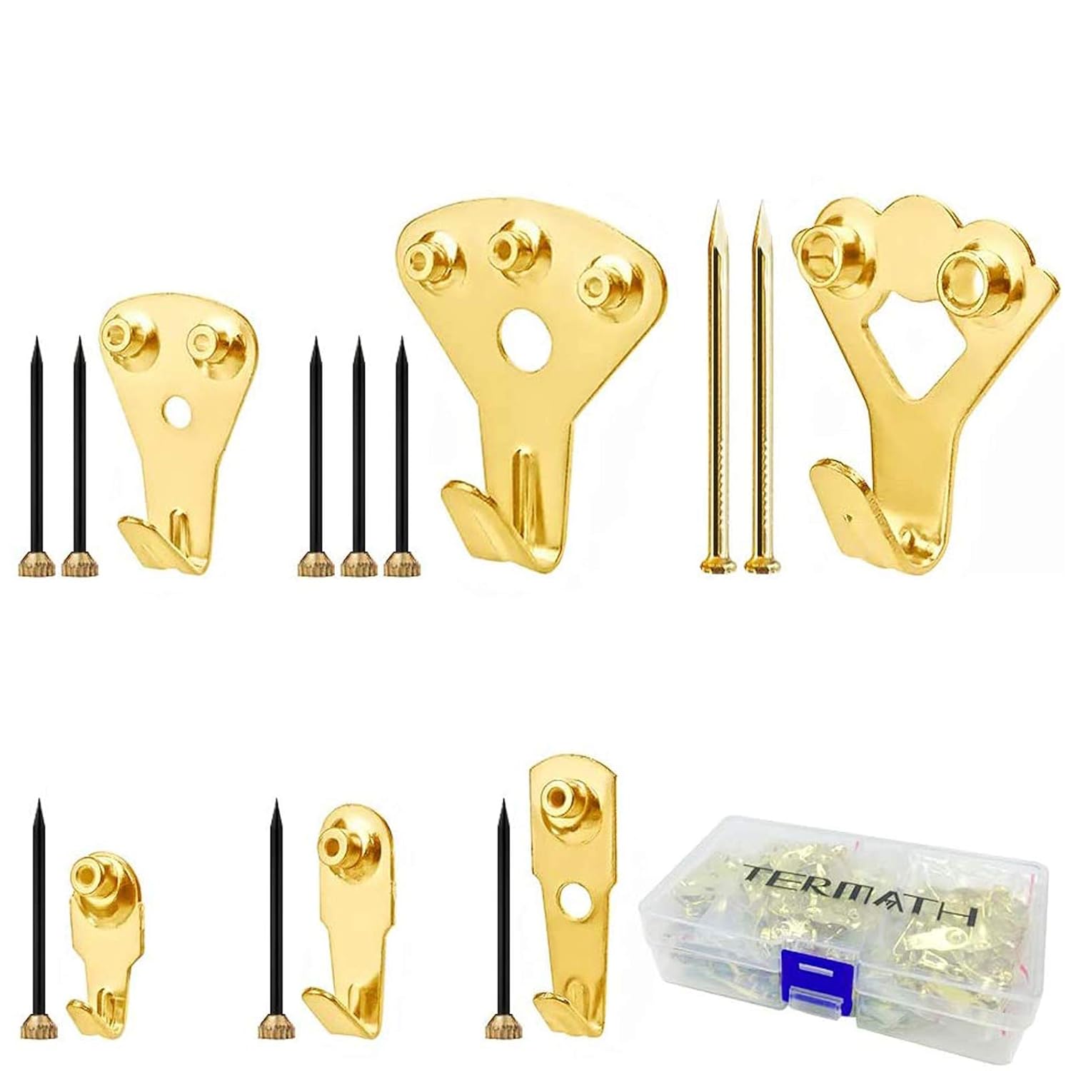 TERMATH 245 Pack Picture Hangers, Professional Photo Frame Hooks with Nails, 6 Sizes, Supports