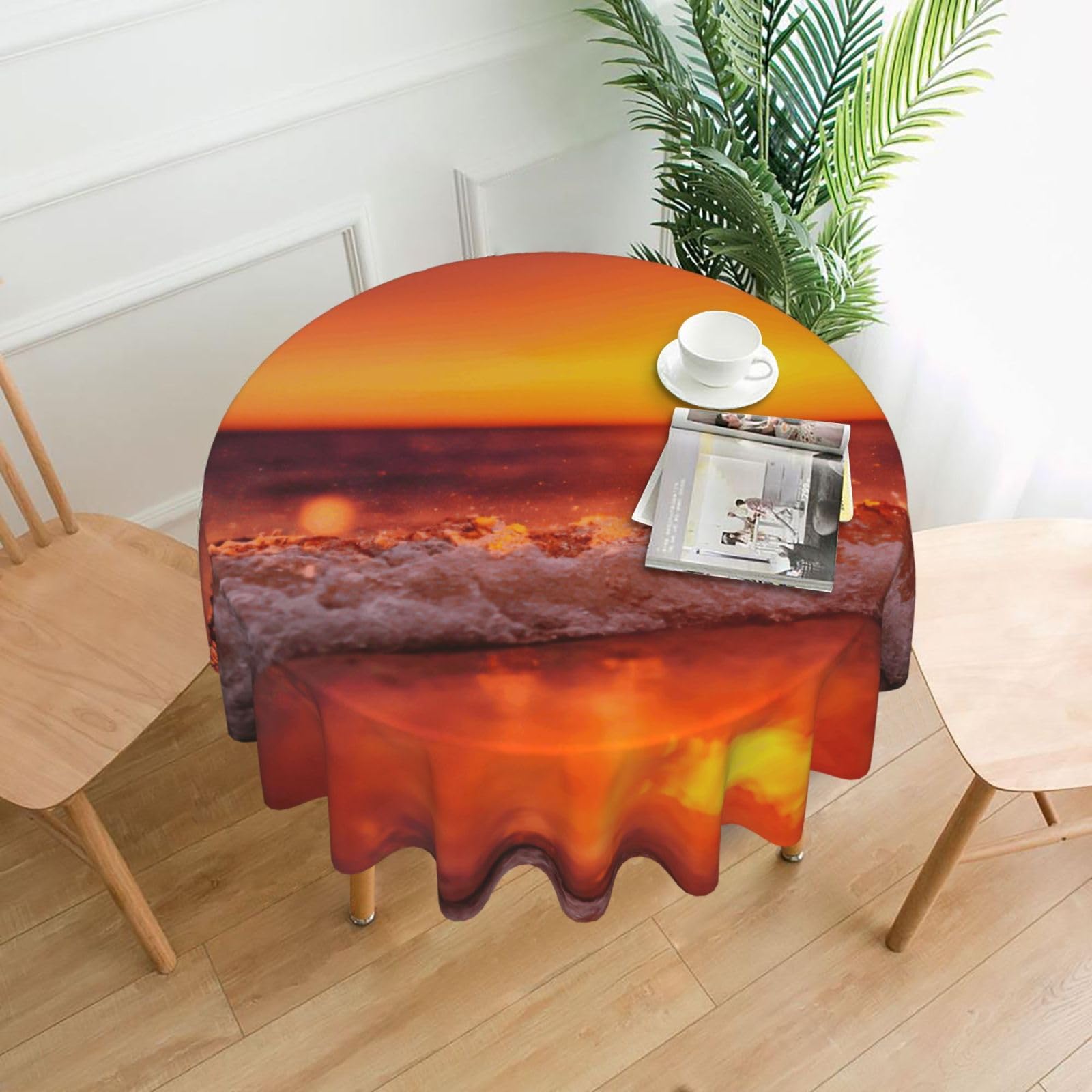 Zcmkjlg sunset with sea waves Print Quick Ship Round Tablecloth 60in Polyester Washable Cover for Dining Room