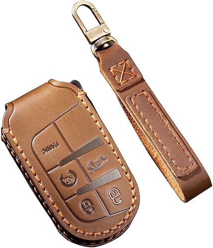 EASYANT Funda de cuero para llavero de automóvil compatible con Jeep Grand Cherokee Dodge Renegade Challenger Chrysler 5 botones, color marrón