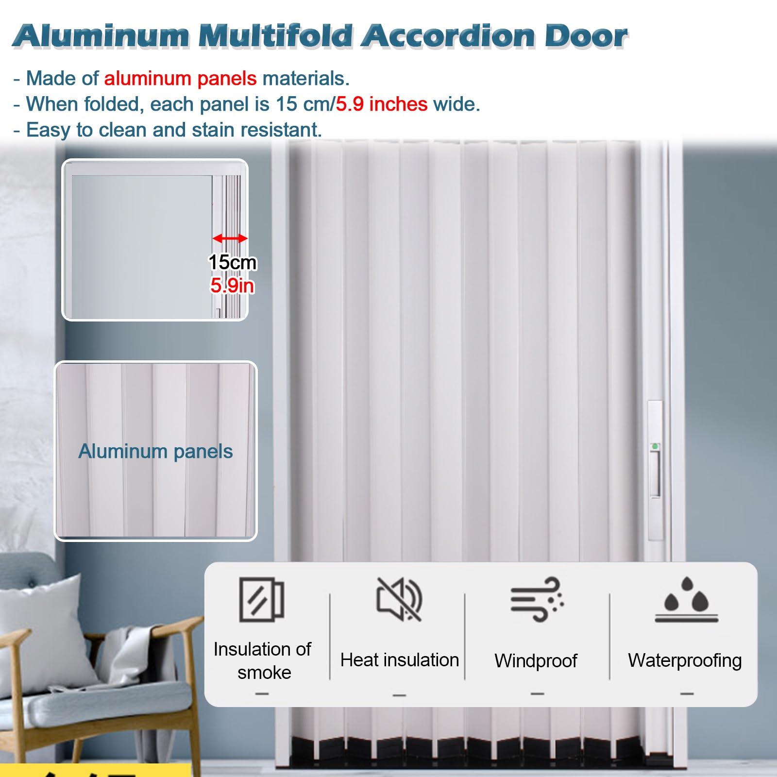 Puerta corredera plegable acordeon Interior Paneles de puertas de acordeón de aluminio con llave de bloqueo,Puerta plegable grande para puertas corredizas, puertas de armario y baño,Puerta divisoria t