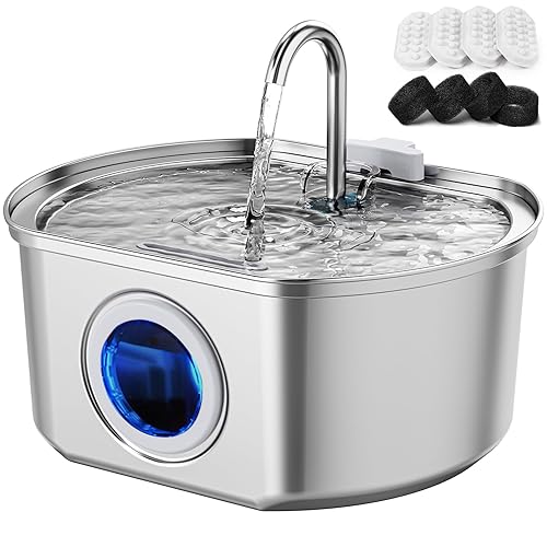 Cat Water Fountain Stainless Steel: 108oz/3.2L Cat Fountain for Drinking- Pet Water Fountain for Cats Inside - Automatic Cat Water Dispenser Bowl - Cat Feeding & Watering Supplies - Water Level Window - Cat Fountain + 4 Filters + 4 Sponges