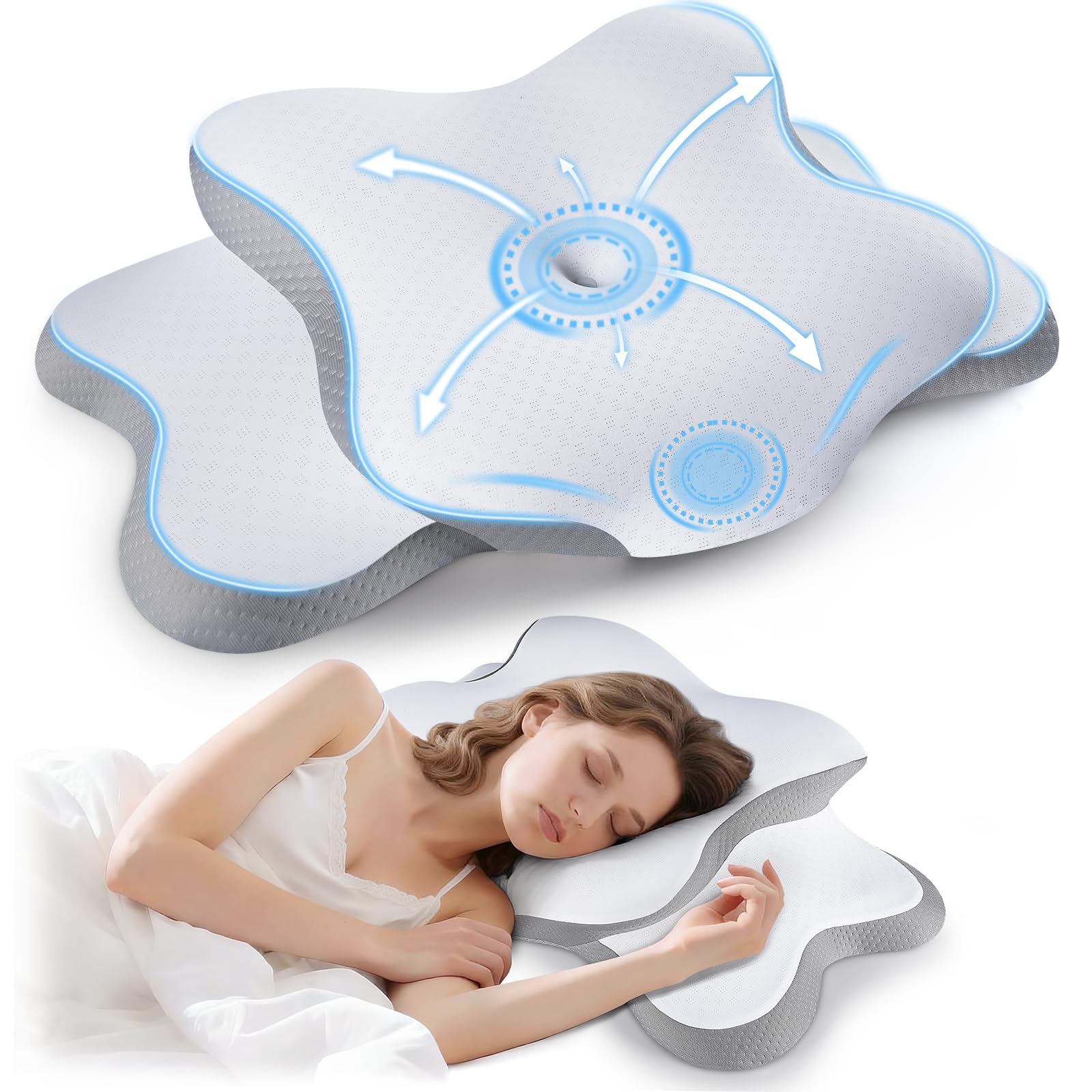 Cervical Memory Foam Pillow for Neck and Shoulder Pain, Orthopedic Pillow 2 HöHen for Side/Back/Stomach Sleepers, Neck Support Pillow Ergonomic Pillow, with Breathable and Washable Cover, White