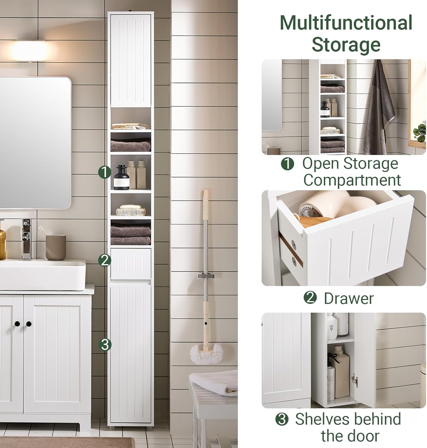 SoBuy Tall Narrow Storage Cabinet, Skinny Bathroom Cabinet with Adjustable Shelves Slender, Anti-Tipping Floor Standing Cupboard, Pinstripe White BZR160-W