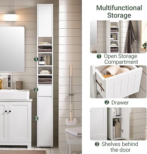 Miniatura 4 de SoBuy Armario de almacenamiento alto y estrecho, gabinete de baño delgado con estantes ajustables delgado, armario de pie antivuelco, blanco a rayas