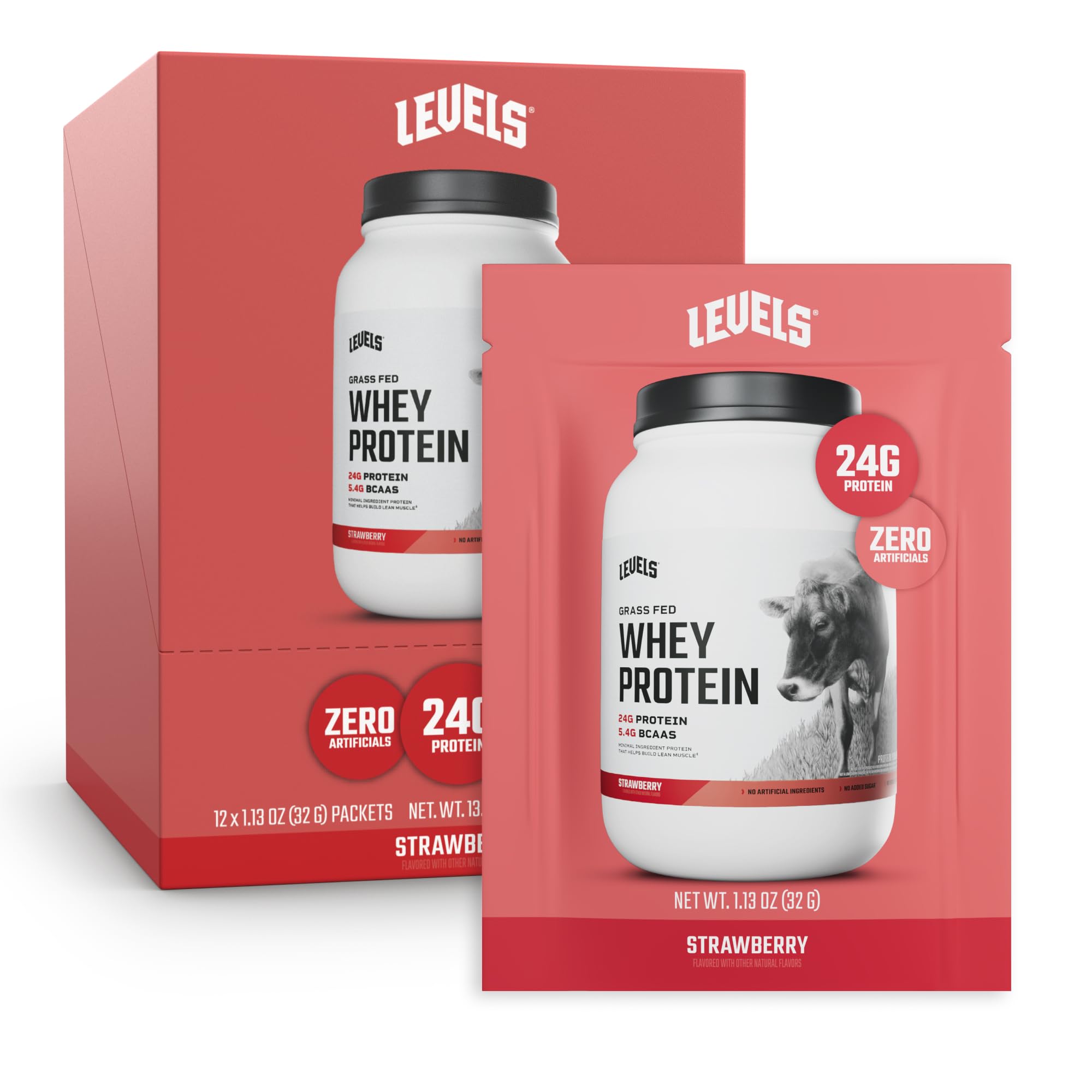 Levels Nutrition Strawberry Grass Fed Whey Protein Powder | 24g Protein, 5.4g BCAAs, No Artificials
