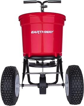 EarthWay 2150 Commercial 50 LB Broadcast Fertilizer Spreader. Heavy-Duty Walk-Behind Push Garden Seeder with Adjustable Drop Rate and Driving Handle. Large 13 inch Pneumatic Stud Tires