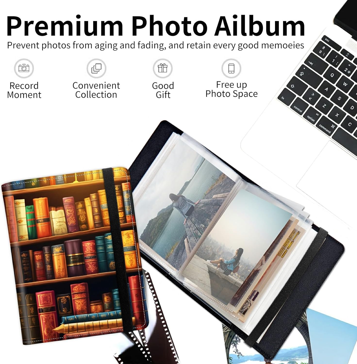 Vintage Bookshelf Small Photo Album 5x7 inch PU Leather Cover Photo Albums with Elastic Band 120 Photos Inner Transparent Pockets Design for Family Anniversary Wedding Baby Pets