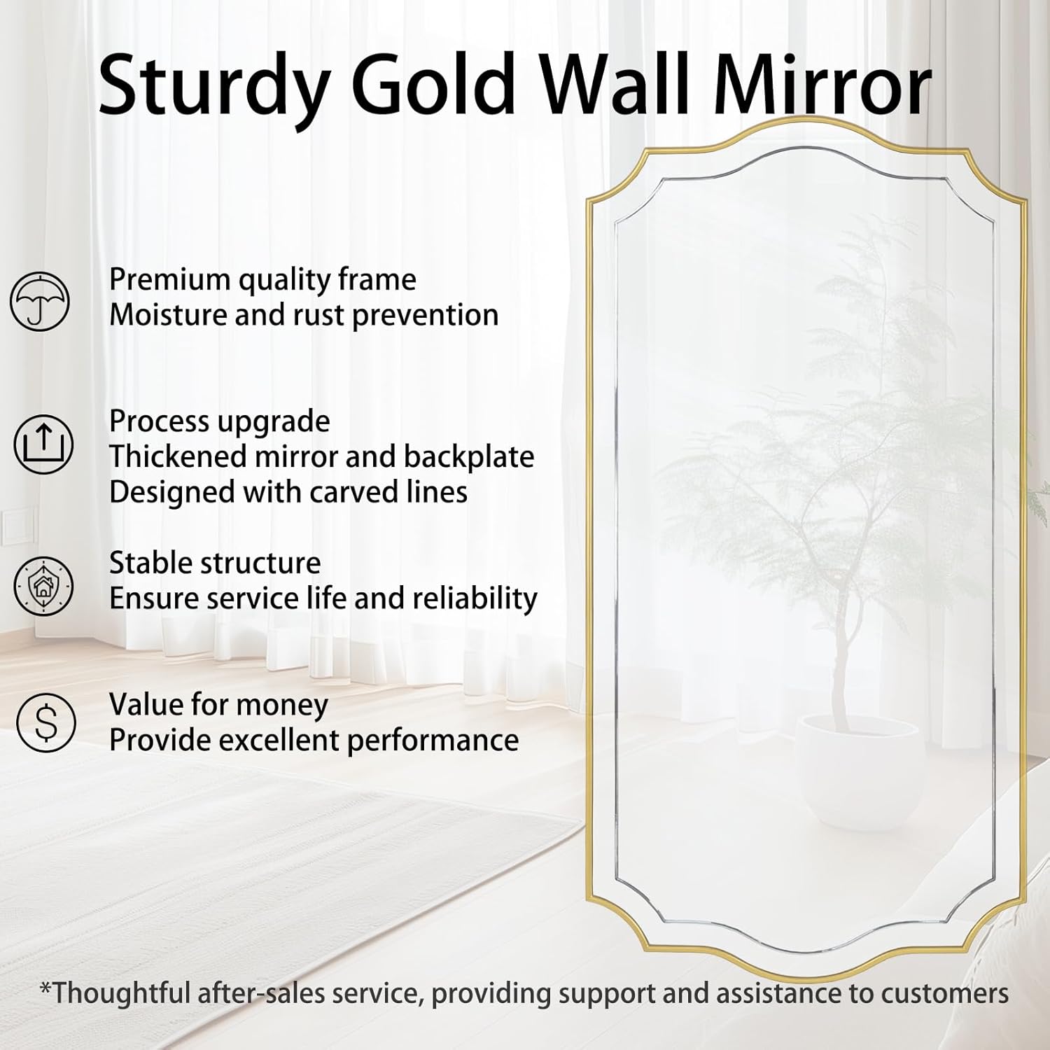 POZINO Gold Scalloped Mirror, 24"x47" Large Rectangle Aesthetic Wall Mirror with Wood Frame, Modern Elegant Wavy Mirrors for Living Room Bedroom Hallway Entryway, Horizontal or Vertical Hanging
