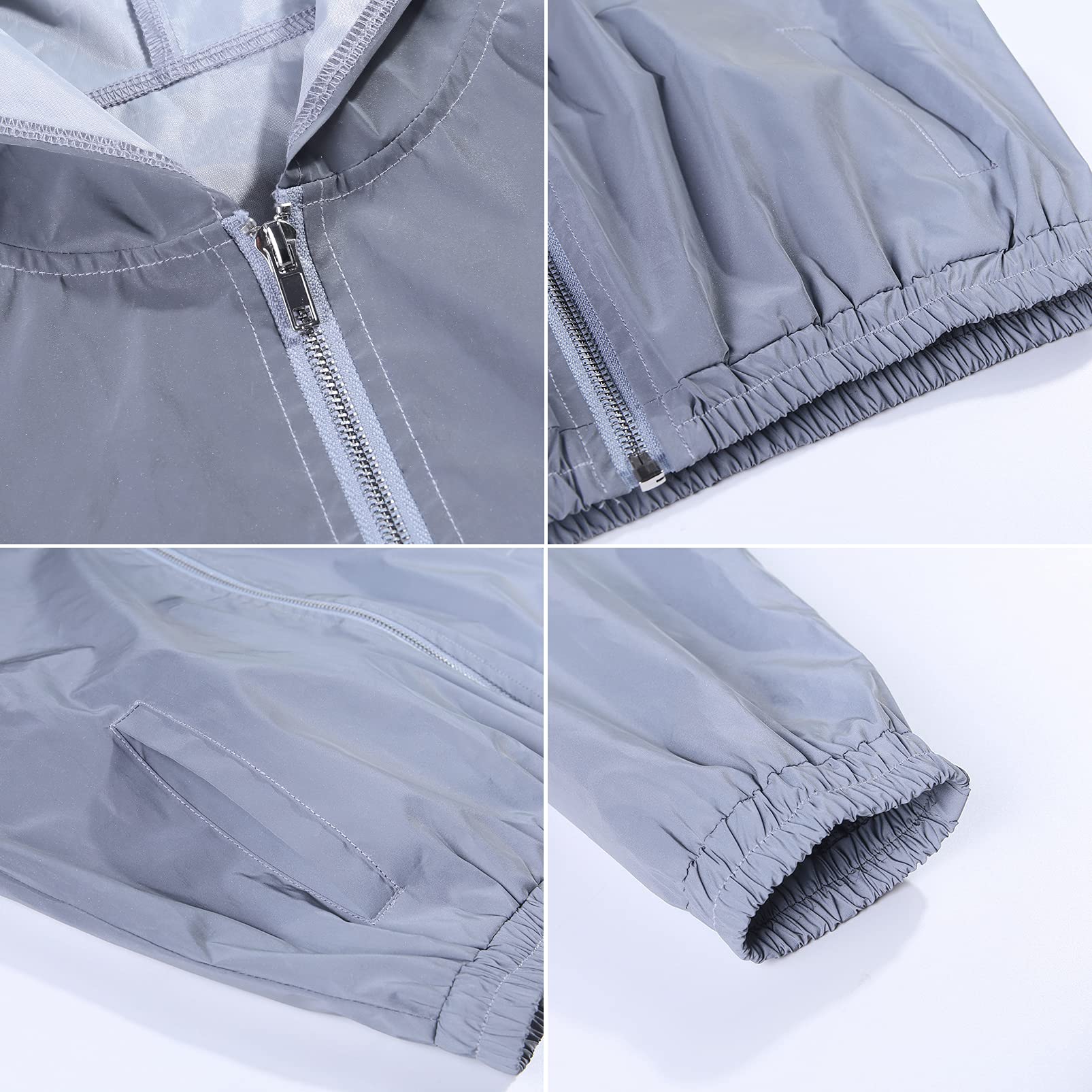 NewL Veste coupe-vent à capuche réfléchissante à manches longues avec fermeture éclair pour femme