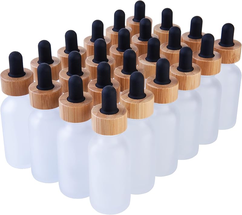 Frascos de vidro Boston Round com acabamento fosco e conta-gotas de bambu Focus Nutrition, 30 mL, pacote com 24