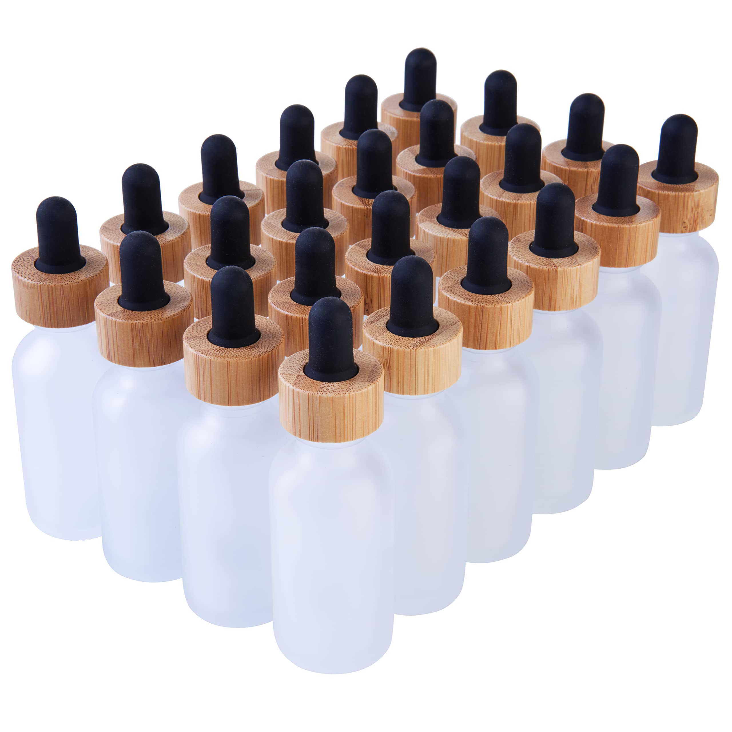Focus Nutrition 24 Pack Clear Frosted Boston Round Essential Oils Aromatherapy Glass Bottles Jar With Black Bamboo Eye dropper cap, 1oz