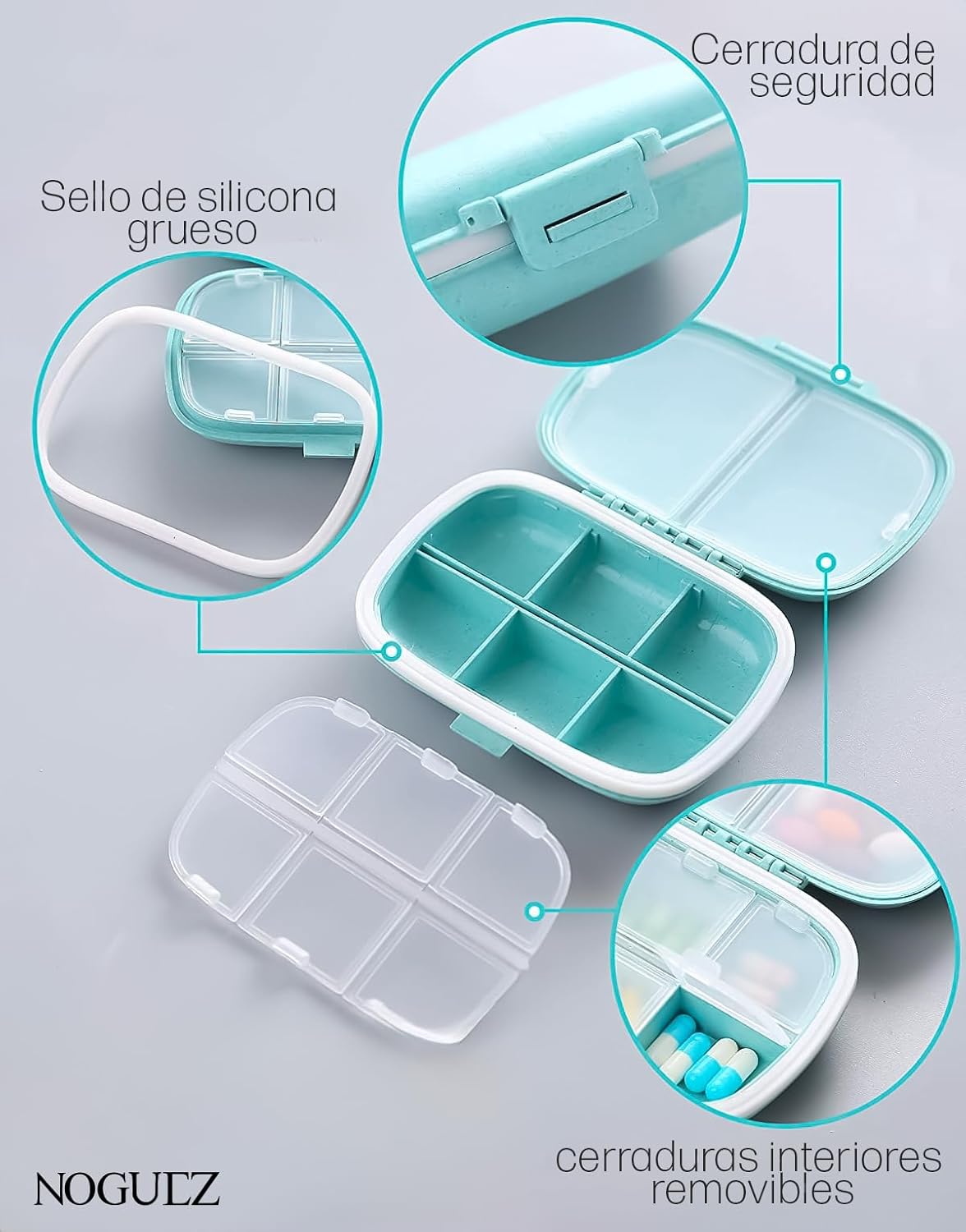 Noguez Medication Pill Box, Pill Organizer, Portable Pill Box with 8 Departments, Weekly Pill Box, Medication Organizer, Pill Organizer (8 Departments, Beige & Pink)