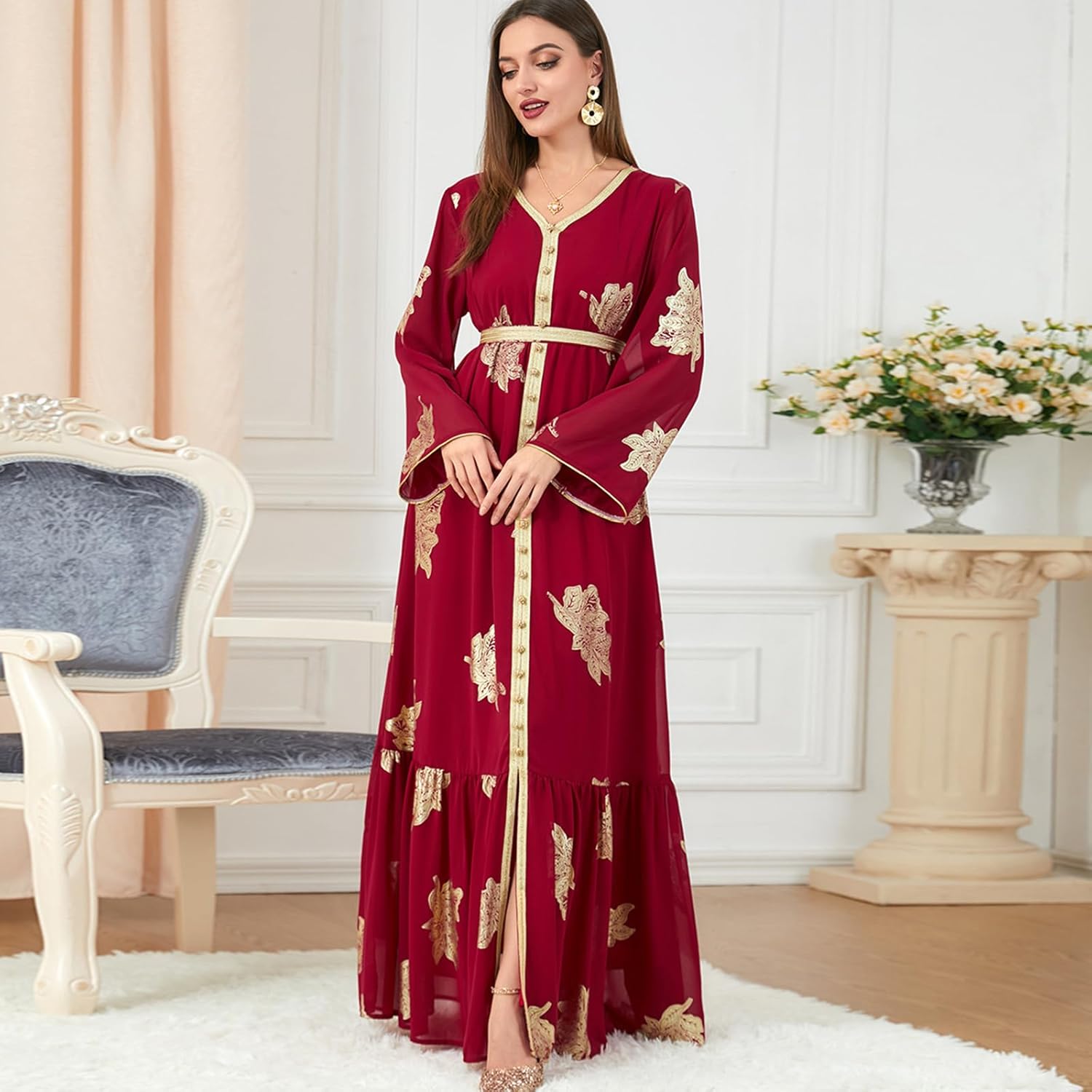 OBEEII Women's Moroccan Muslim Abaya Dress Elegant Floral Embroidery Kaftan Maxi Dress Islamic Dubai Ramadan Prayer Clothes Red X-Large image 3 of 5 B0DQCZLJ4Y