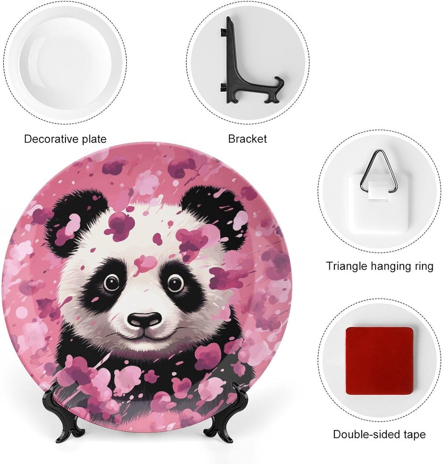 Pink Panda Cotton Ceramic Plate 10inch Decorative Bone China Wall Hanging Ornament Plates Bohemian Style Dinner Plate with Display Stand Cabinet Display Plates for Home Art Decor