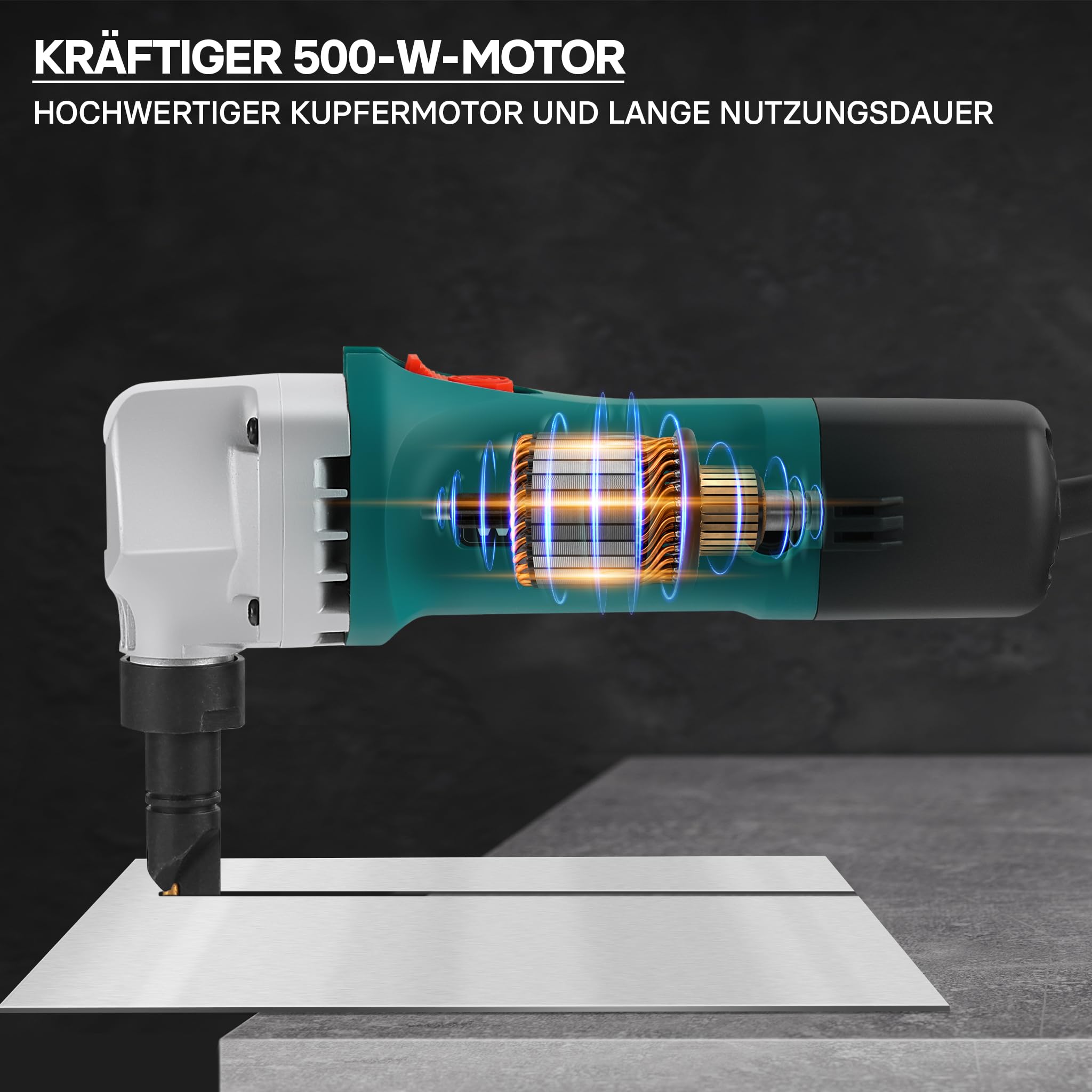 Wiltec Blechknabber 500 W mit Schnitttiefe bis 2,5 mm, Blechnibbler mit um 360° drehbarem Knabberkopf, Nibbler Blechschere