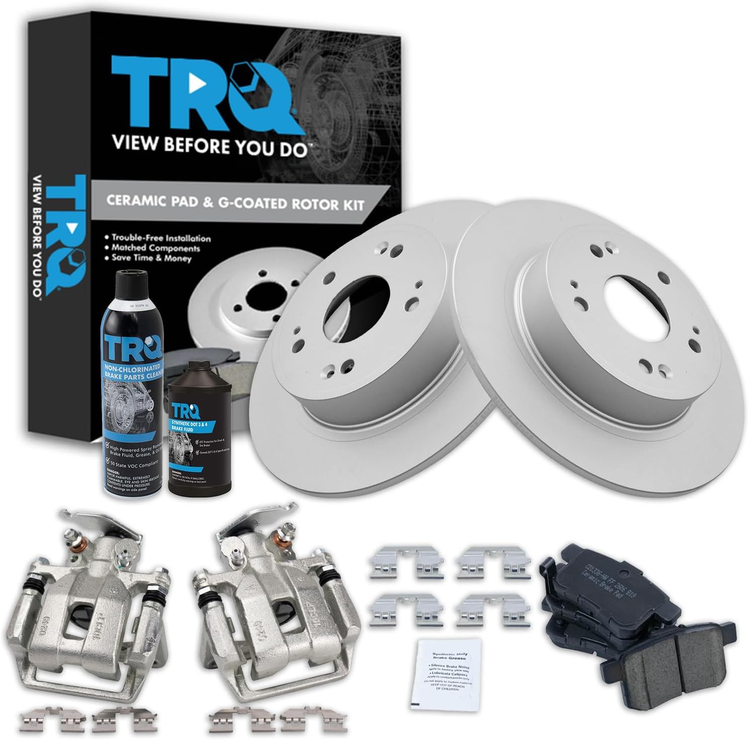 TRQ Rear Brake Pad & Rotor Kit Brake Caliper Brake Chemical Kit Brake Pads Brake Rotor Ceramic Premium G-Coated Compatible with 2013-2017 Honda Accord