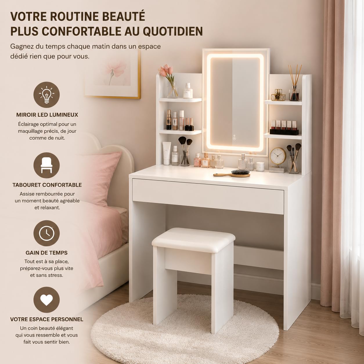 Coiffeuse avec Miroir et Tabouret - LED 3 Couleurs - Grand Rangement 4 Étagères + Tiroir - Bureau Maquillage Blanc Moderne - Éclairage Professionnel Réglable