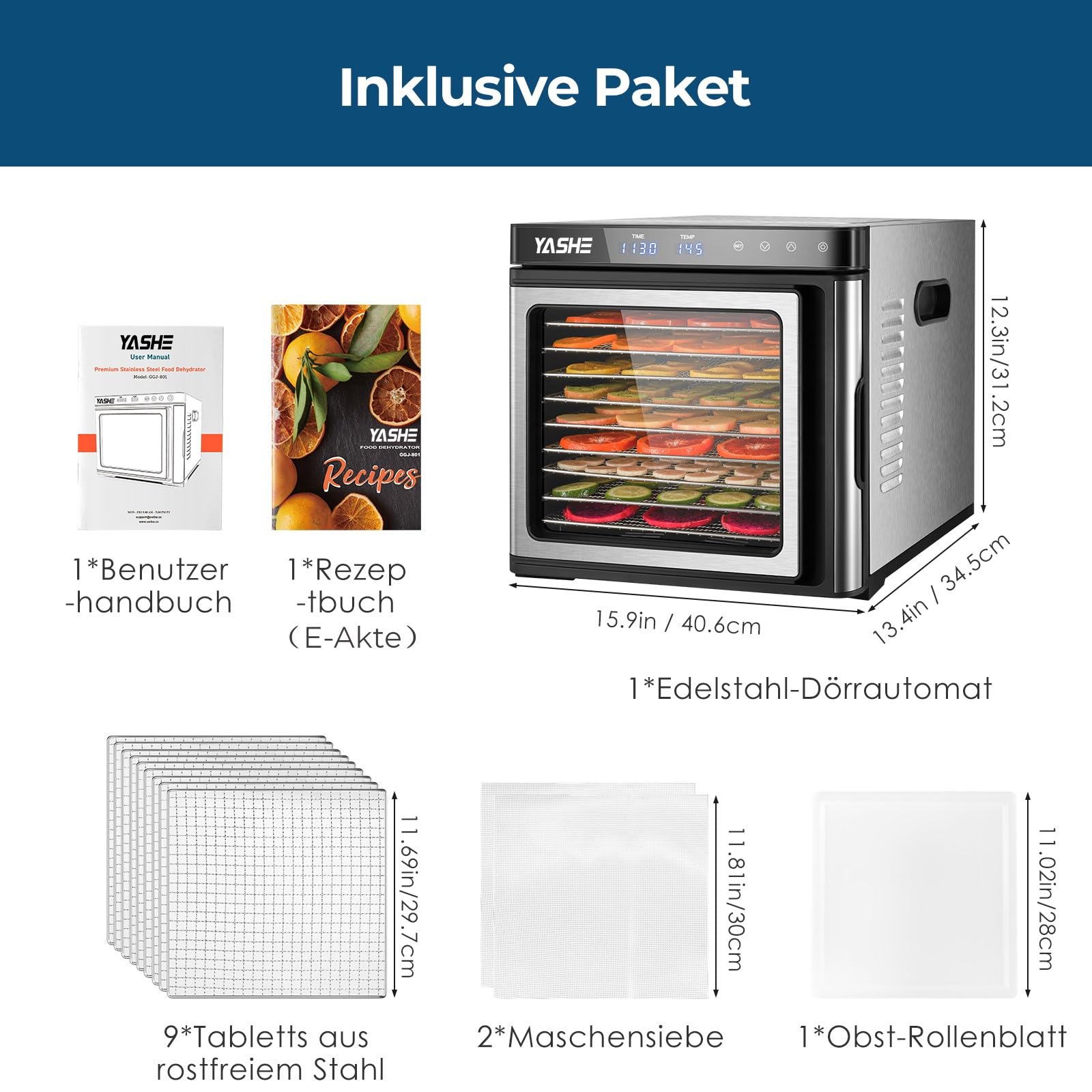 Edelstahl Dörrautomat, 1000W Dörrgerät für Obst und Gemüse mit LED-Anzeige, präziser Temperaturregelung (35-75°C), 48-Stunden-Timer, 9 Edelstahlschalen, 2 Maschensiebe, 1 Schale für Obstrollen