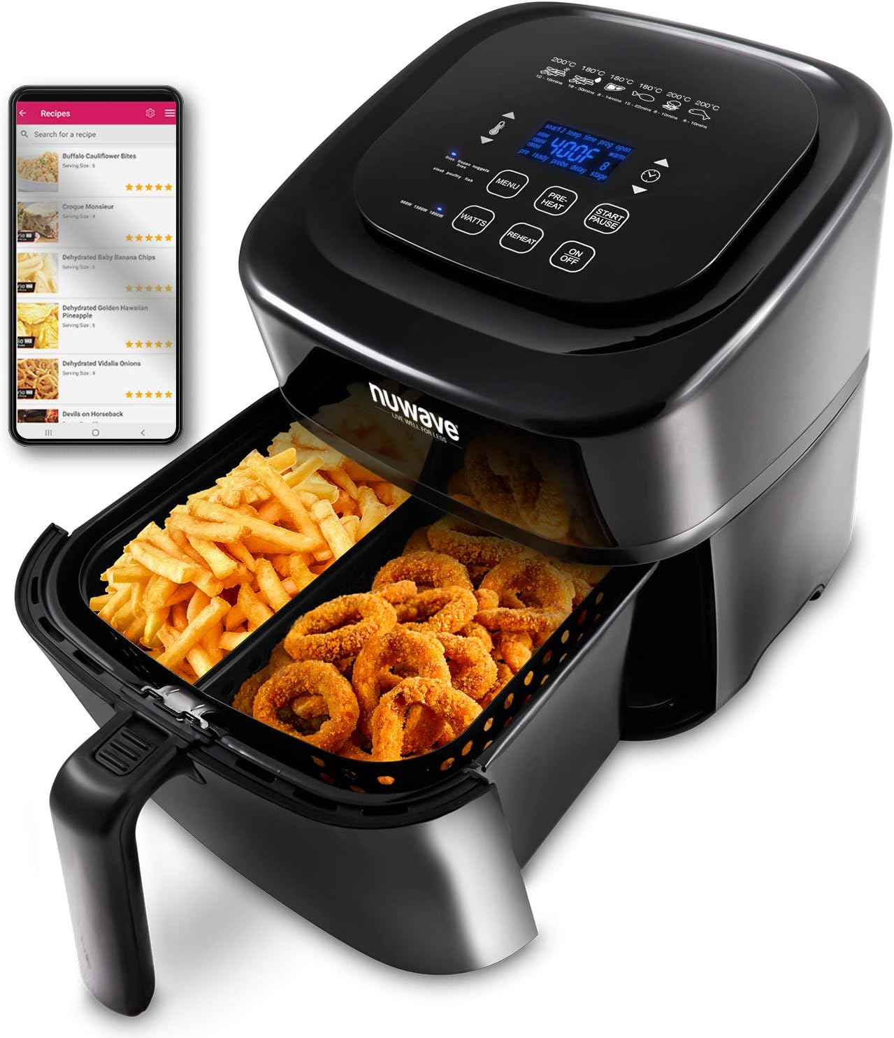 NUWAVE BRIO 6-Quart Digital Air Fryer with one-touch digital controls, 6 easy presets, precise temperature control, recipe book, basket divider, wattage control, PREHEAT & REHEAT Function: Kitchen & Dining
