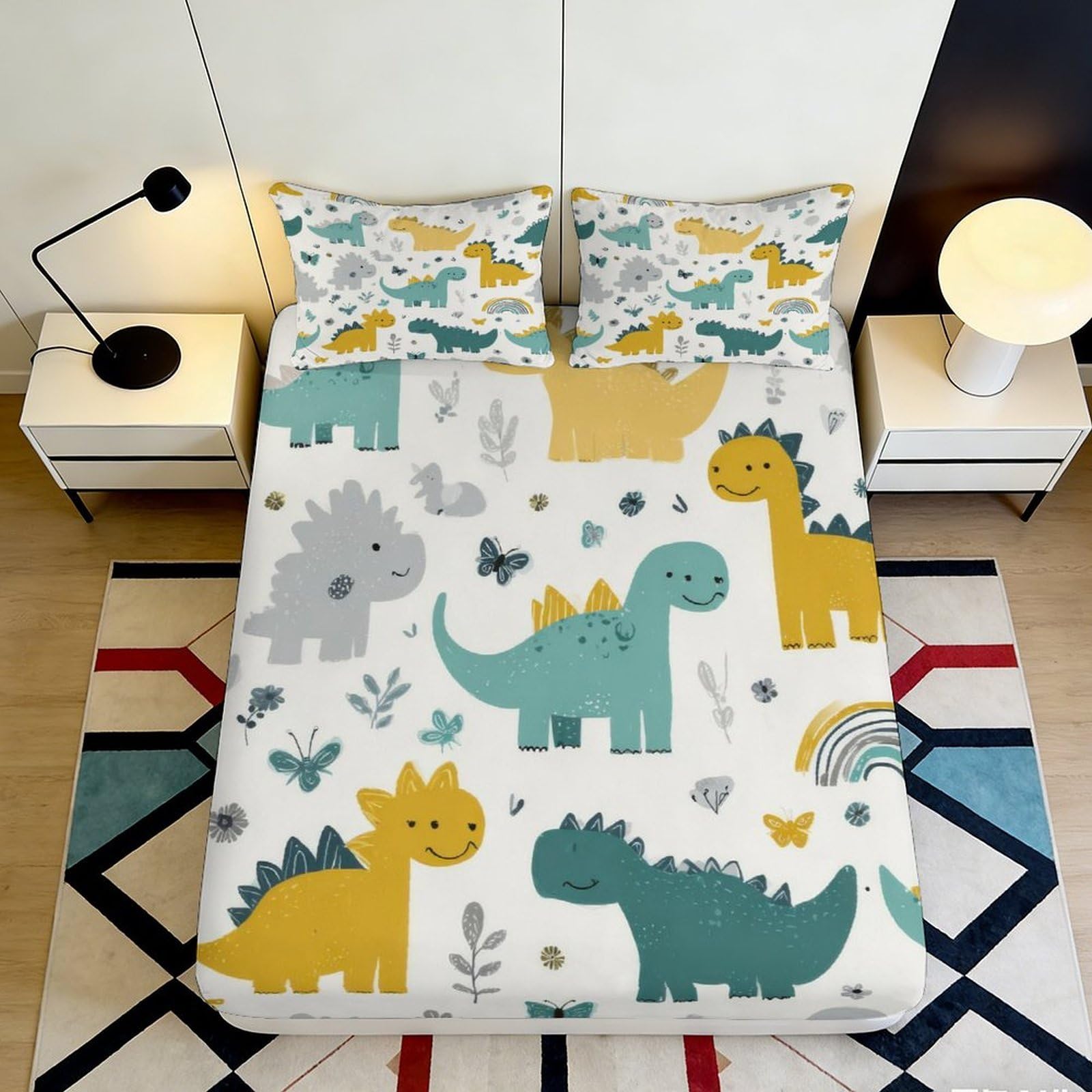 3D Printed Cartoon Dinosaur Fitted Sheet Microfiber Soft Anti-Slip Mattress Cover Yellow Green for Bedroom Dorm 160x200x25cm