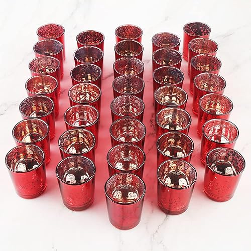 Juego de 36 portavelas de vidrio de mercurio rojo - Elegantes portavelas votivos para bodas, celebraciones y decoración del hogar - Perfectos para