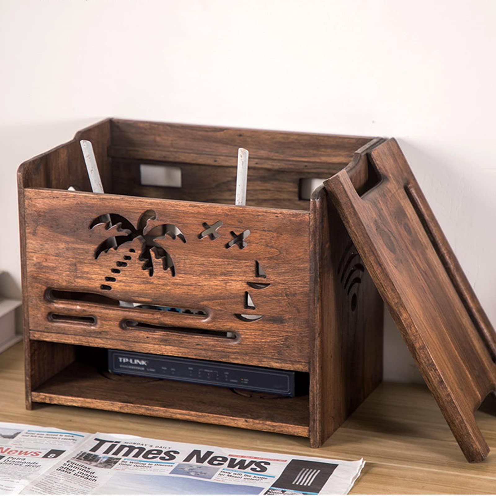 Boîte de rangement en bois à double couche Boîte de rangement de câble Organiseur Bureau de bureau Tidy Power Bande anti-poussière Boîte de rangement de routeur en bois, Ouverture supérieure / avant