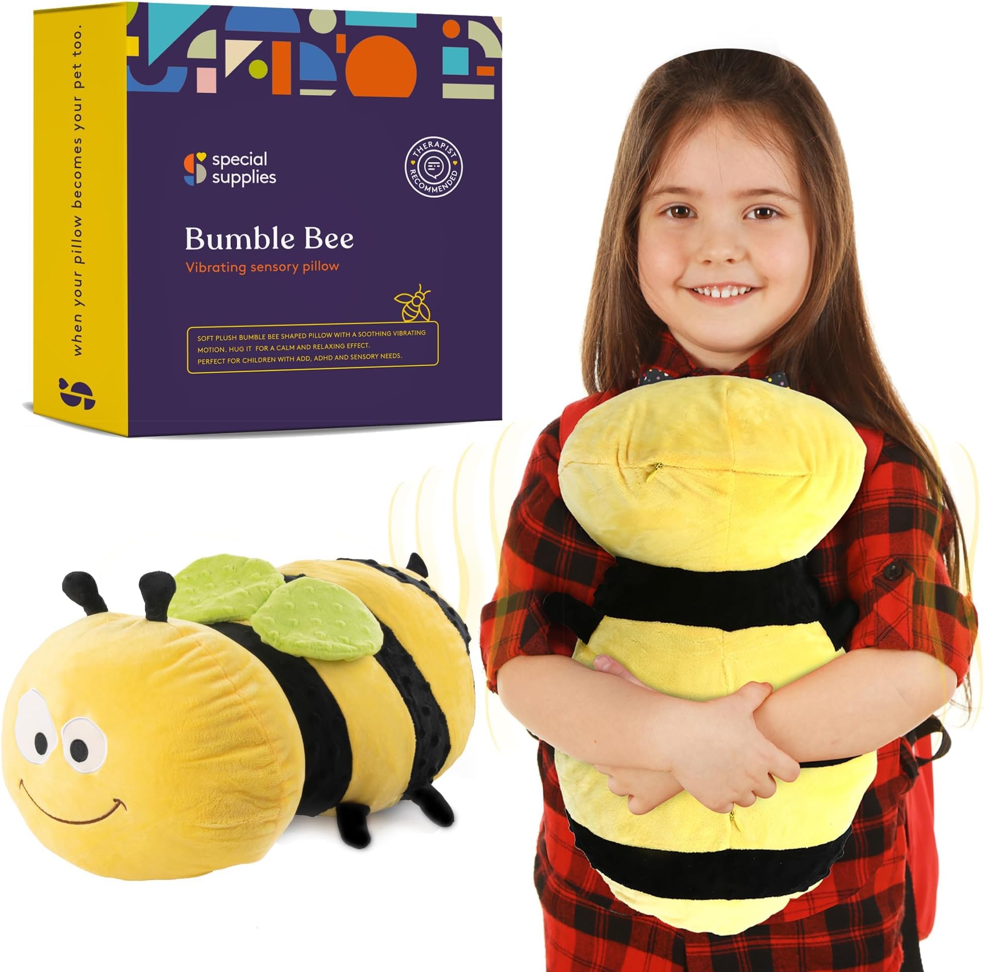 Special Supplies Bumble Bee Sensory Vibrating Pillow, Pressure Activated for Kids and Adults, Plush Minky Soft with Textured Therapy Stimulation Bumps. Size: 11 by 20 inches