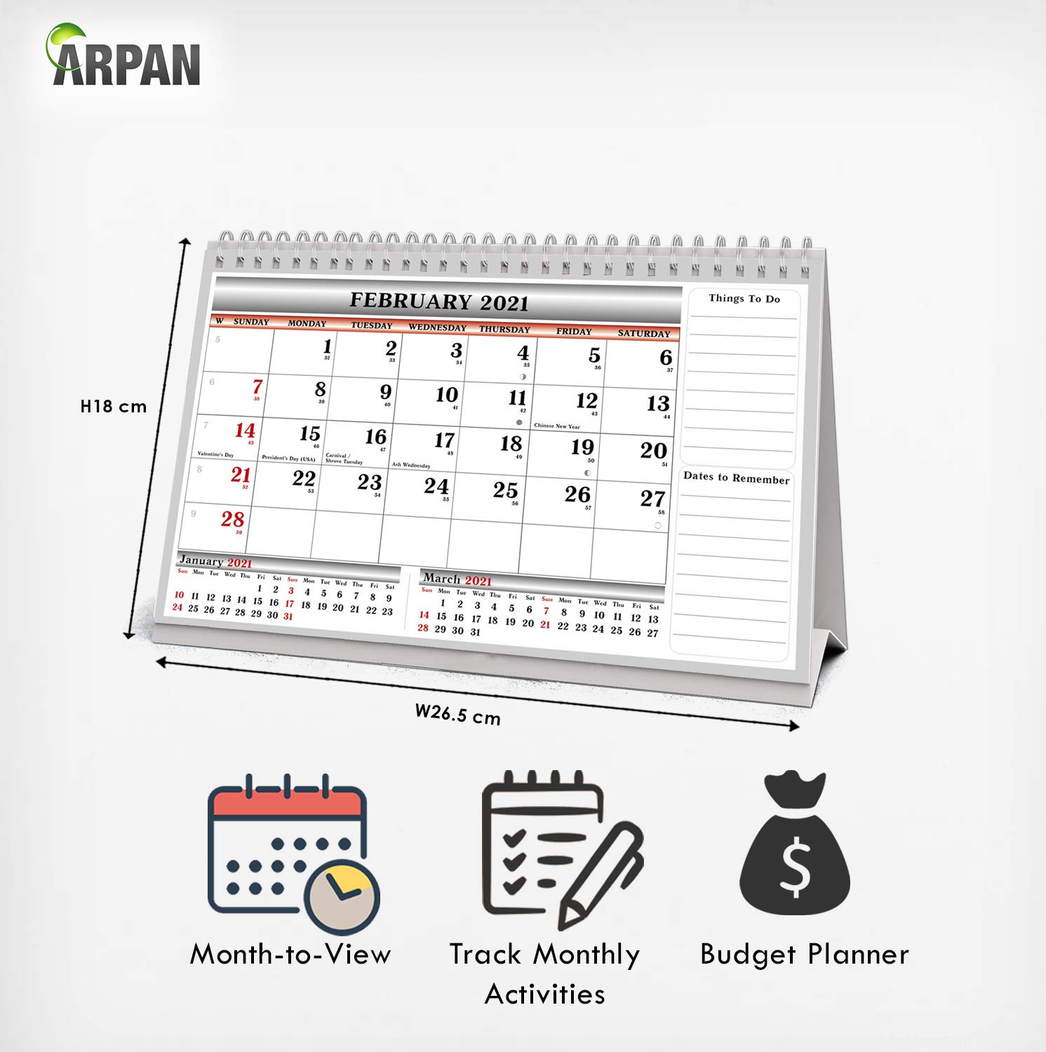2021 One Month to View UK Stand Alone Desk Office Table Calendar Planner by Arpan (2021 DeskTop