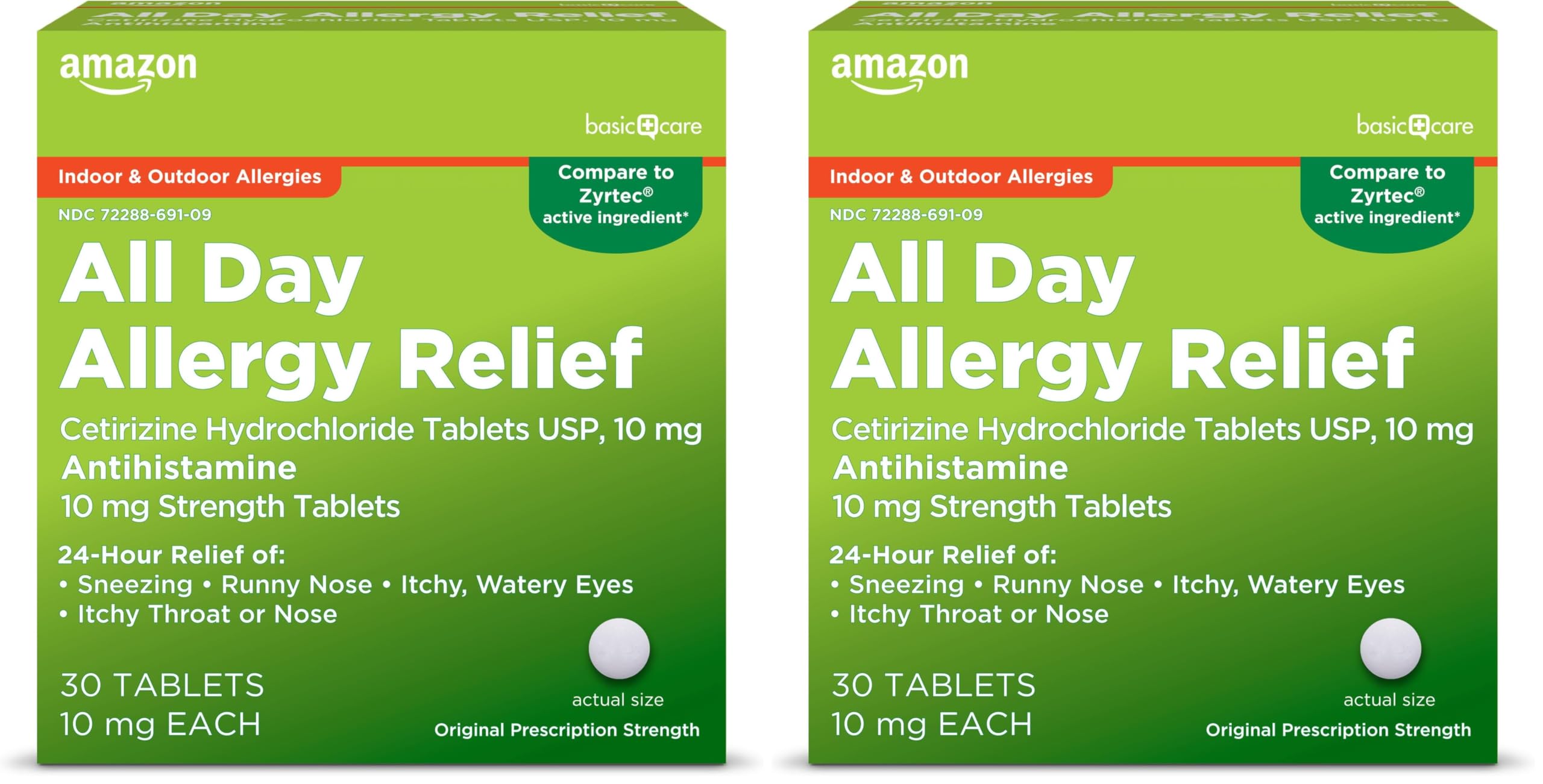 Amazon Basic Care All Day Allergy Cetirizine Hydrochloride Tablets, 30 Count (Pack of 2) | 24-Hour Allergy Relief - main product image