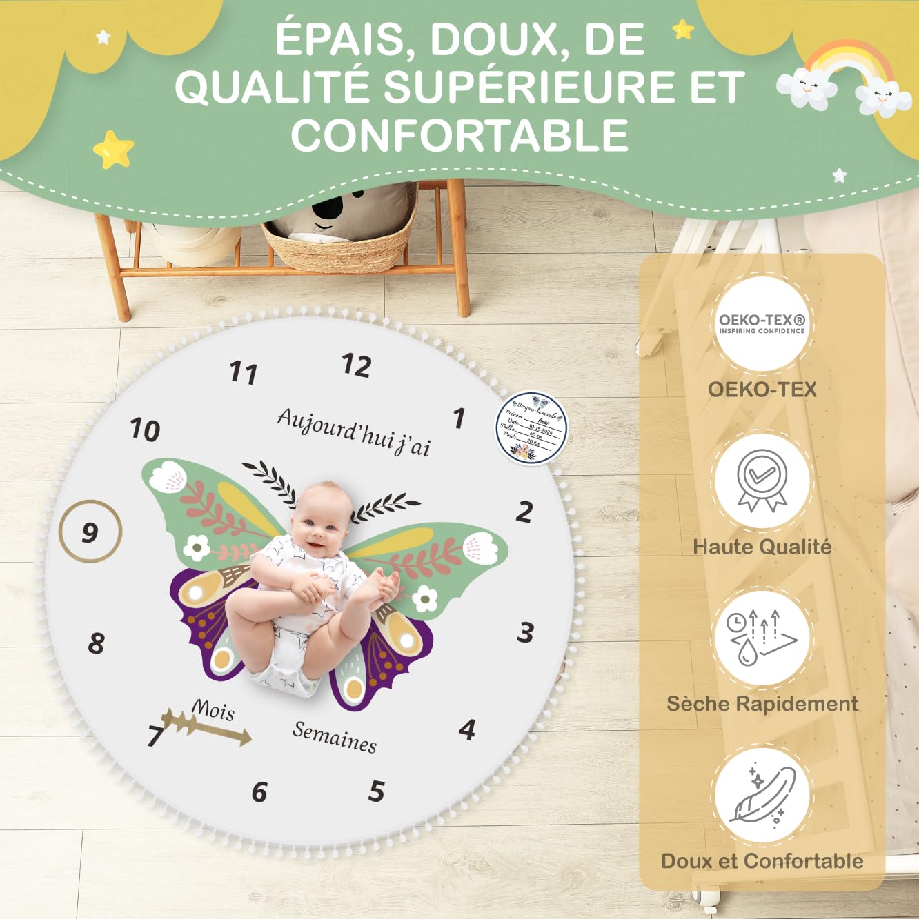 Mybabyoli Baby Stage Blanket in French, Baby Photo Mat Round 12 Months Girl, Boy, Unisex Butterfly Mat - Image 3