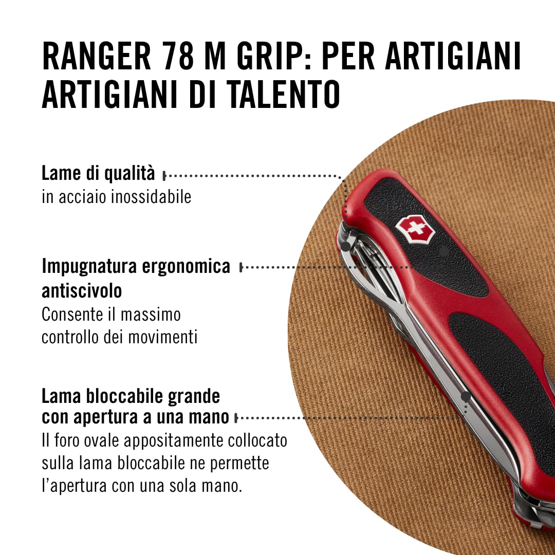 Victorinox, coltellino svizzero Ranger Grip 78, 12 funzioni, lama bloccabile a una mano, colore rosso/nero