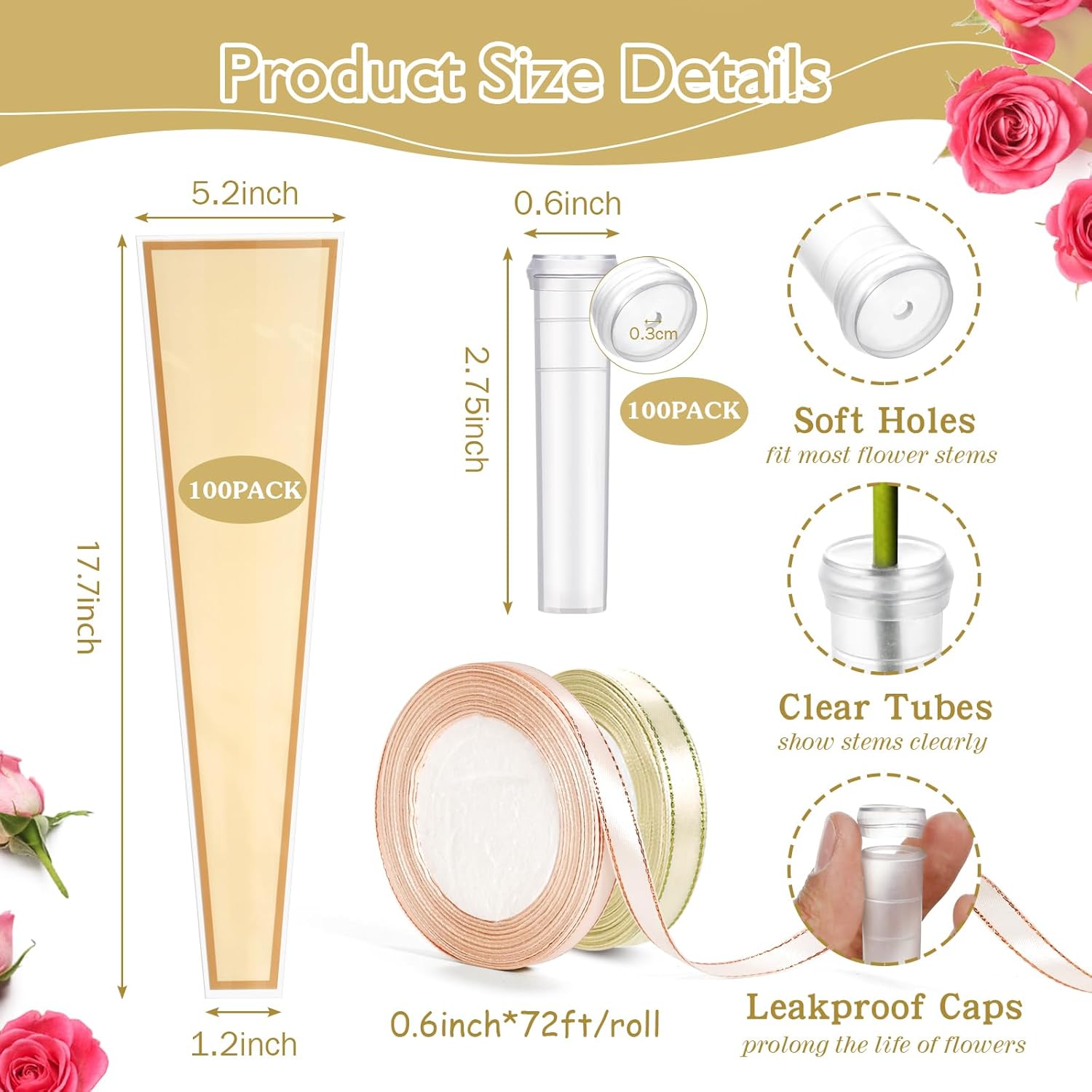 tchrules 100PCS Single Flower Bags for Bouquets, Champagne Single Rose Sleeves with Flower Water Tubes and Ribbons, Plastic Floral Wrapping Bags for Valentine's Day Mother's Day Graduation Wedding