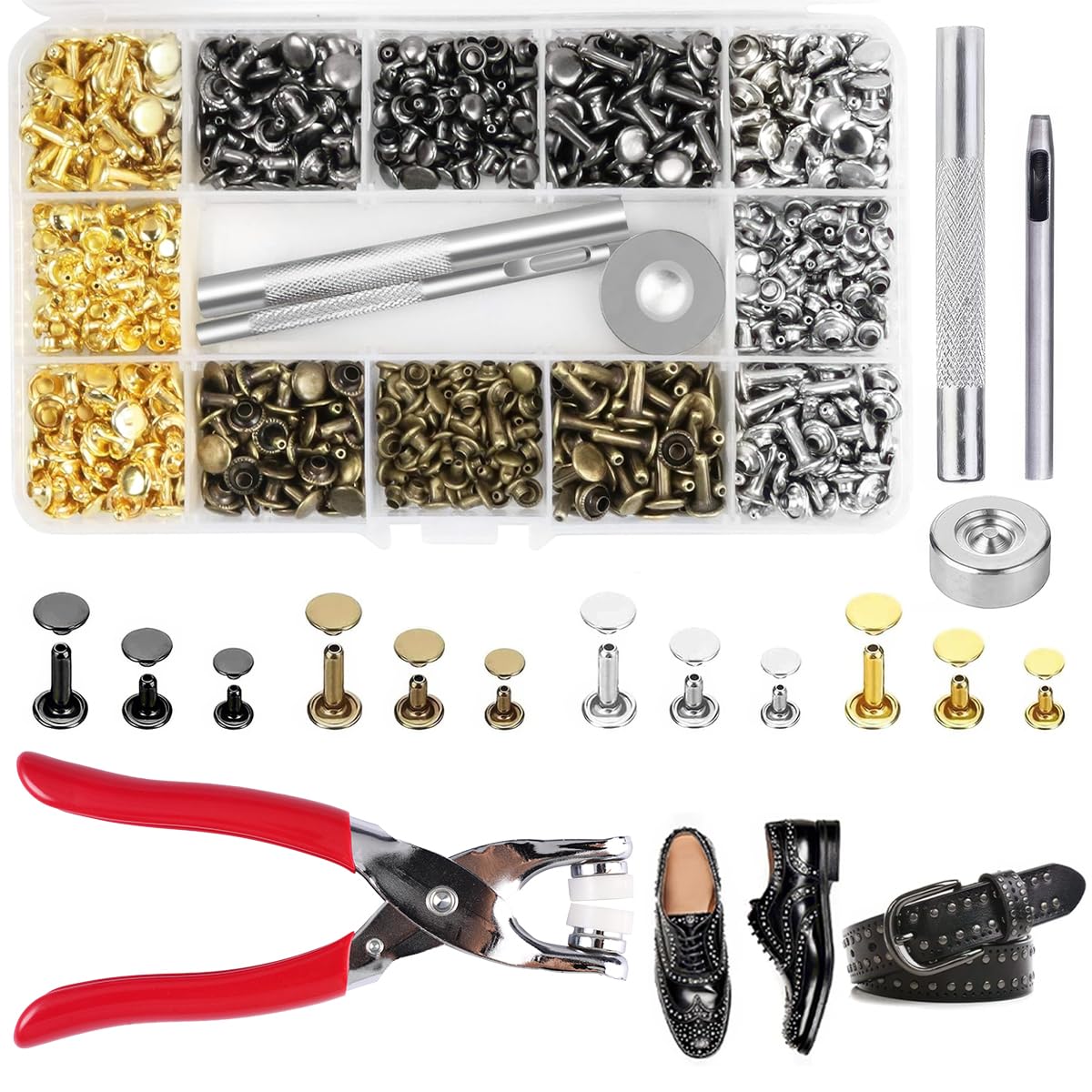 180 Pièces Remaches De Cuero, 12mm 8mm 6mm Remaches Para Cuero con Alicates De Remache Y Alicates De Perforación, Con Caja De Almacenamiento, Para Manualidades Diy Con Cuero, Ropa, Bolsos