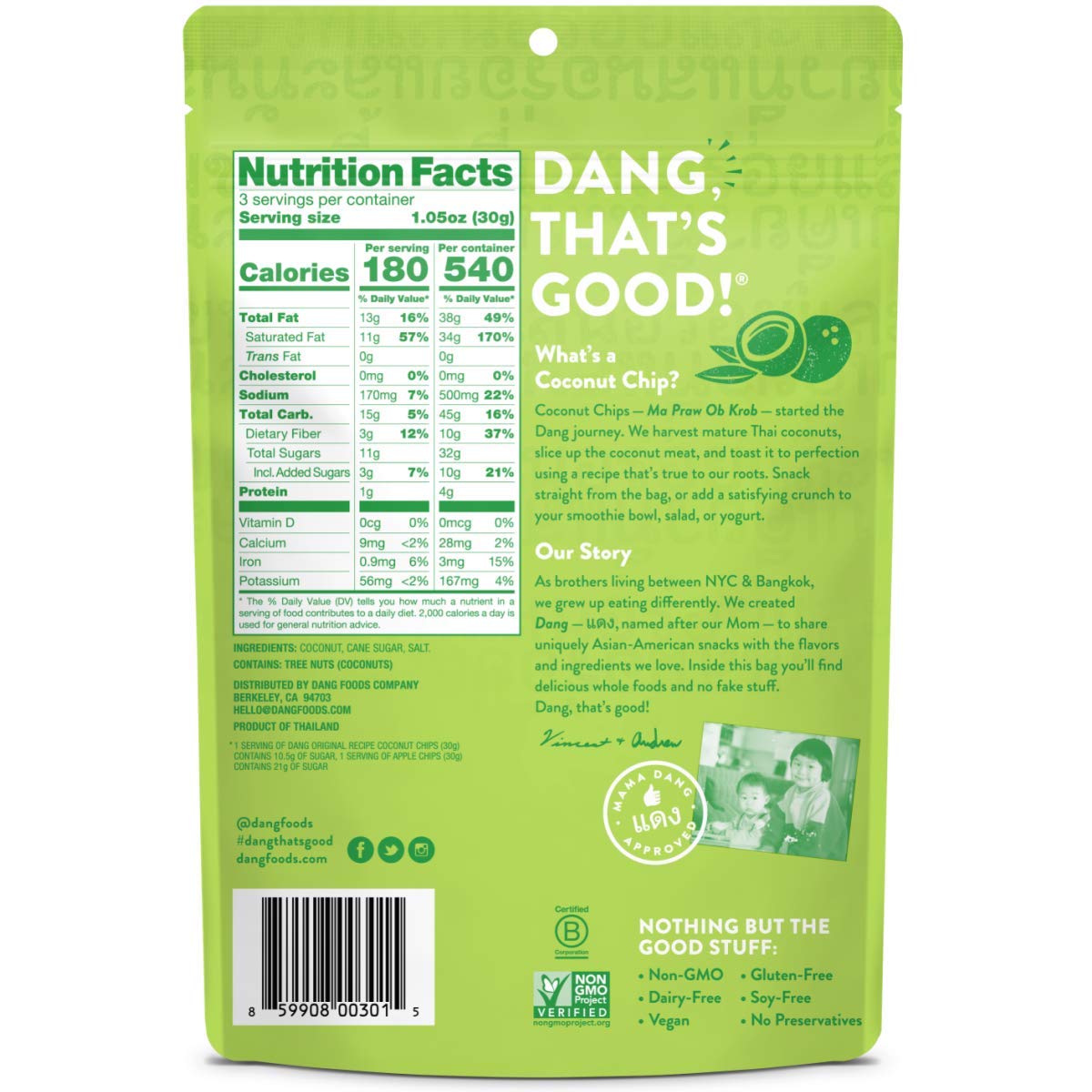 Dang Toasted Coconut Chips Original, Vegan, Gluten Free, Non GMO, Healthy Snacks, Made with Whole Foods, 50% Less Sugar, Resealable Individual Bags, 3.17 oz