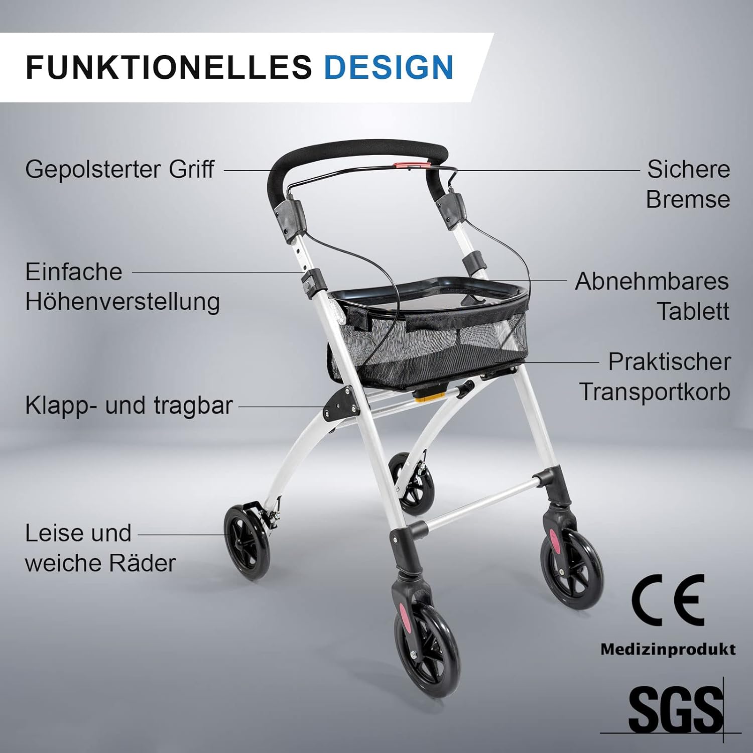 Casa Soft Weiß Rollator schmal für Wohnung & Innenbereich, faltbar & leicht, 5 kg