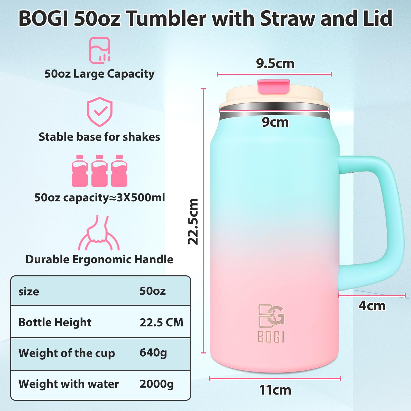 BOGI 50oz Tumbler With Straw And Lid,Large Capacity Travel Mug With Handle Insulated Stainless Steel Water Bottle Cup Keep Cold And Hot For Tea
