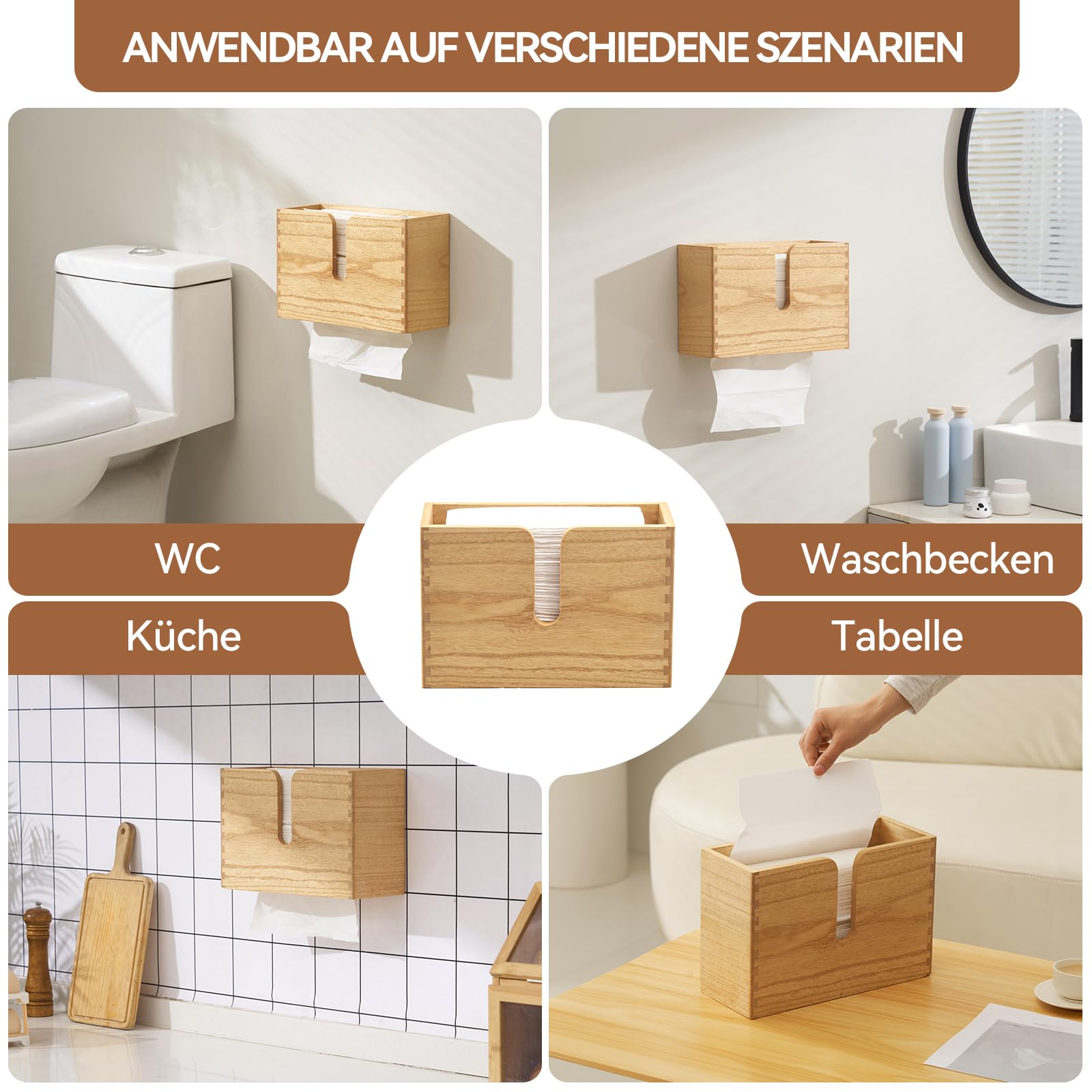 KIRIGEN Papierhandtuchspender Holz, C-/Z-Falz, Wandmontage, Natur | Für Multifold-Tücher, Innenmaß 27,5 x 10 cm, handgefertigt, fertig montiert, Zapfenverbindungen, Pflanzenöl-Oberfläche