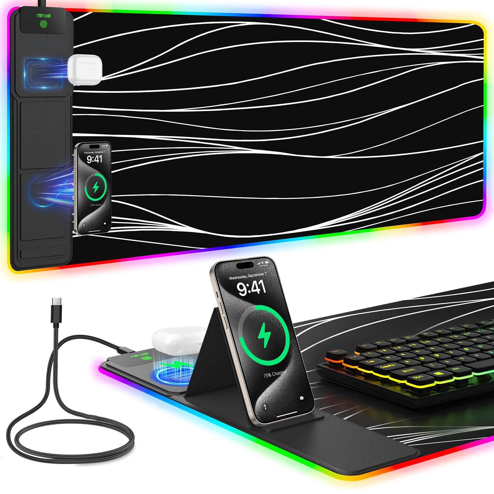 Alfombrilla de mouse con soporte plegable para teléfono y cargador inalámbrico, alfombrilla de mouse XXL RGB para juegos de 31.5 x 15.8 pulgadas, alfombrilla de escritorio grande para teclado