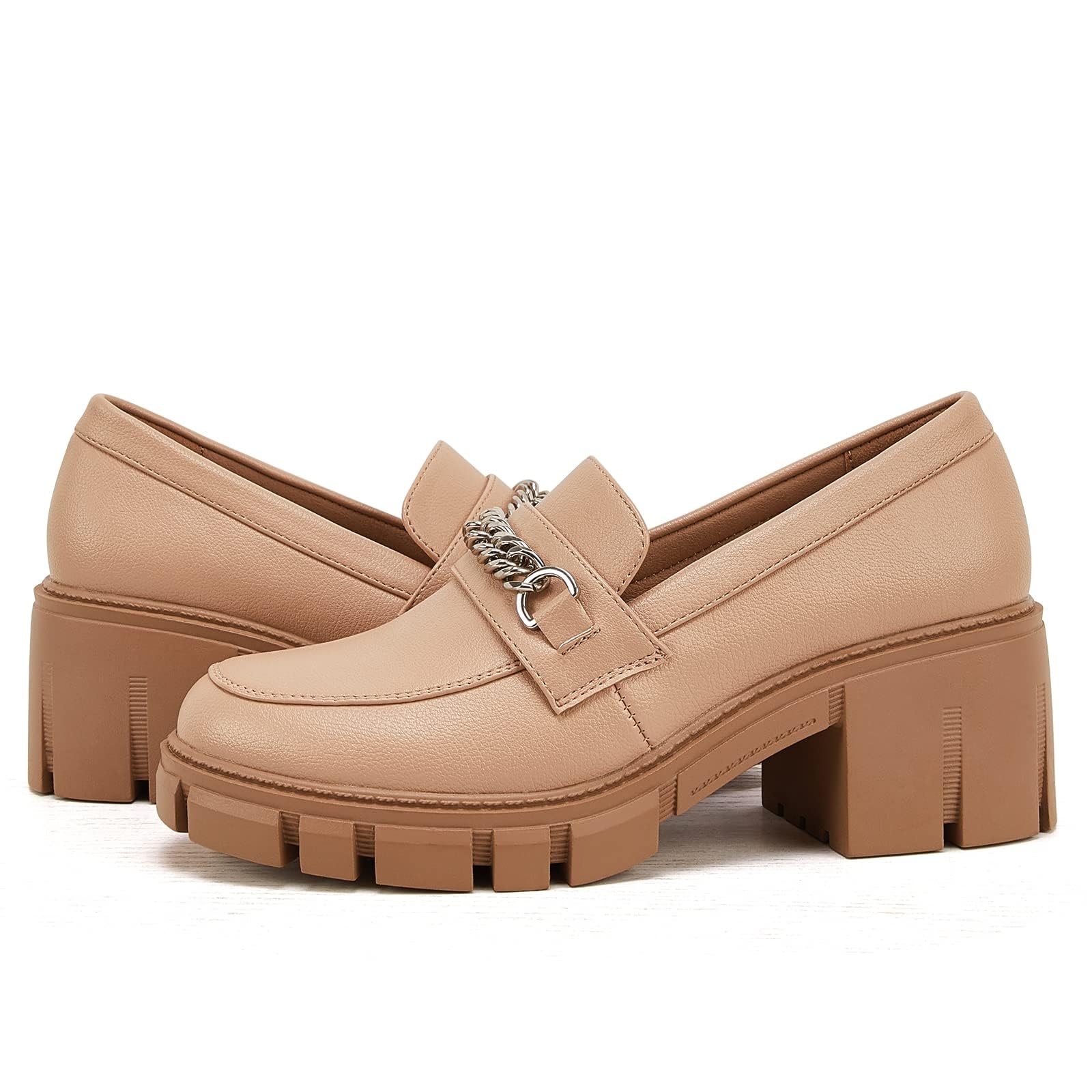 TINSTREE Platform Loafers for Women with Chain Comfort Chunky Heel Slip On Round Toe Business Work Shoes