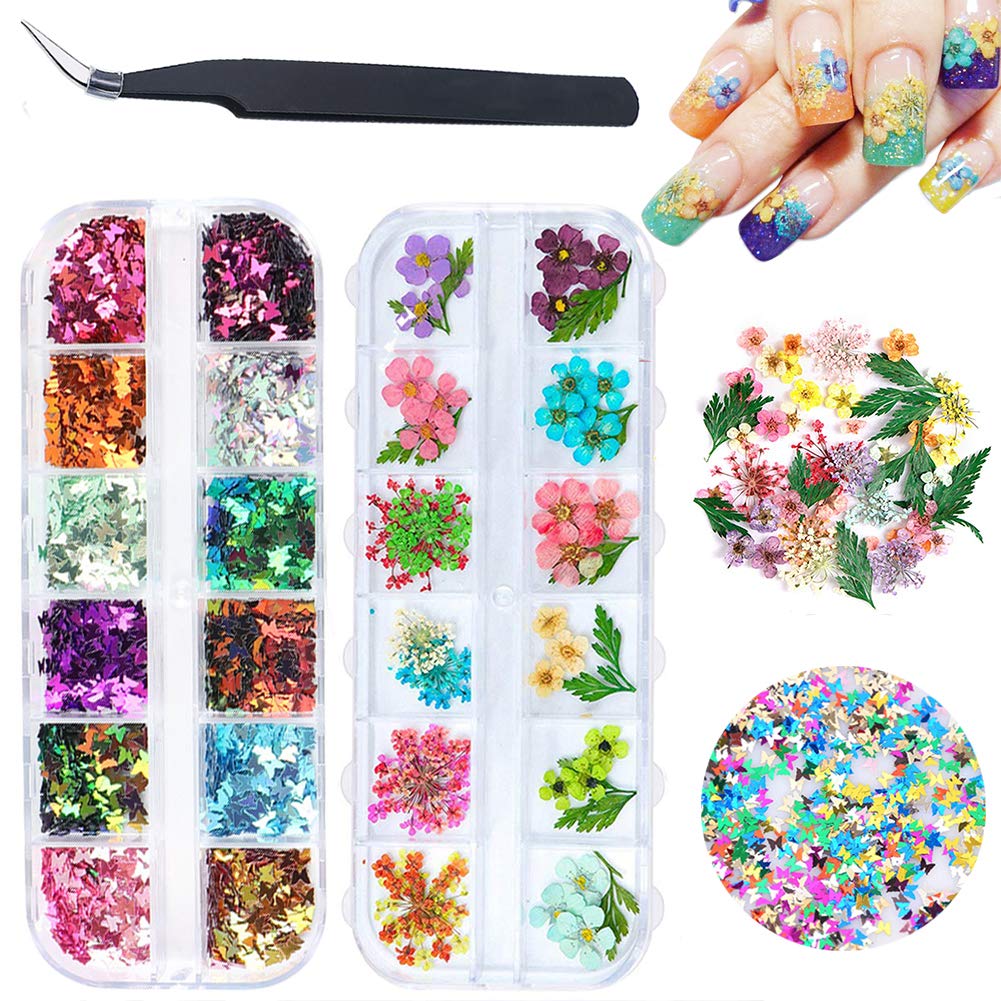 24 Pieces Nail Dry Flowers And Glitter Set,12Colors Nail Dried Flowers Stickers+12Colors Holographic Butterfly Nail Glitter Sequins for Nail Art Design Crafting Decoration with Tweezers